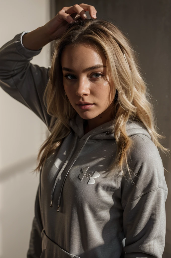 photorealistic, best quality, hyper detailed, beautiful woman with natural dirty blonde hair, photo, full body, solo, wearing a black under armour hoodie and white sweatpants,(comfortable), skin texture, film grain, close up, ultra high res, best shadow, RAW, instagram LUT