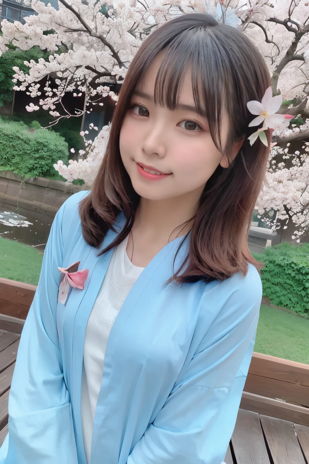 highest quality, ultra high resolution, (realistic:1.4),blush,cute,(detailed face),light smile, 
looking at the viewer,
Upper body, kimono, 
Sunny,river,(cherry blossoms),blue sky,
