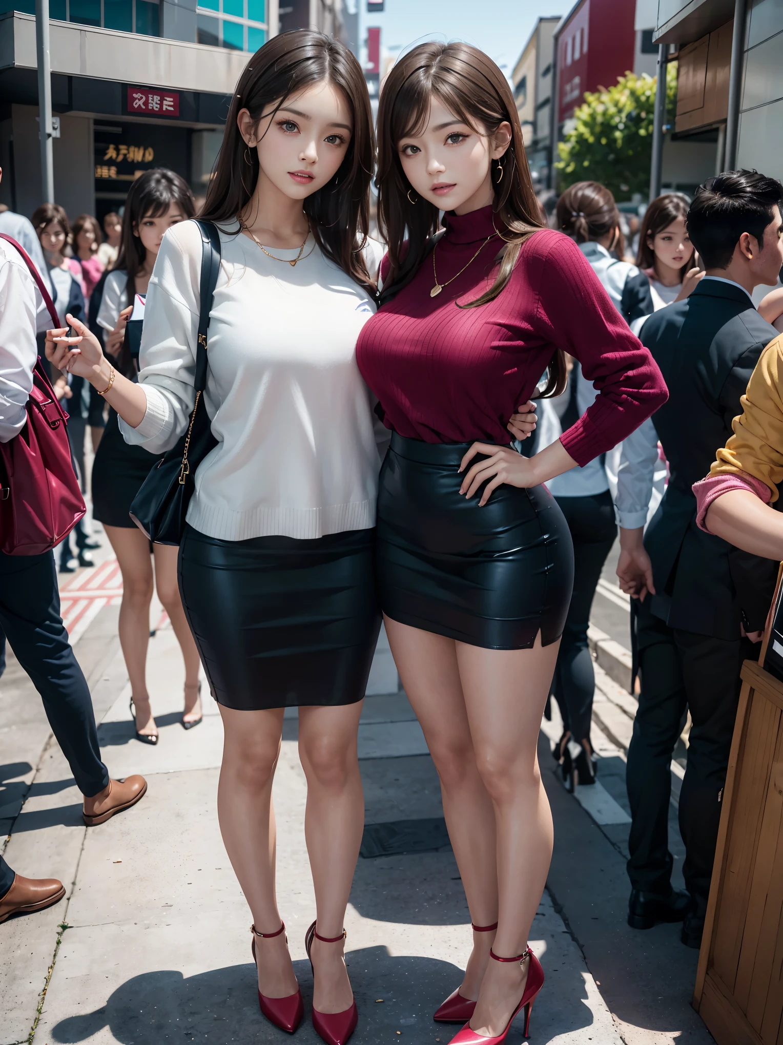 (Best Quality, Masterpiece, Photo realistic, Ultra Detailed, ultra high res, raw:1.3), (5 girls+, group shot:1.2), beautiful, Japanese, office workers,  (tight knit sweater, mini-skirt), ({gold| silver| wine red| blue| navy| pink} clothes:1.3), (smile), long hair, (bangs), high-waist, necklace, (at office), (tall, long legs, high heels, full body:1.2), (big breasts:1.3), (crowd)
