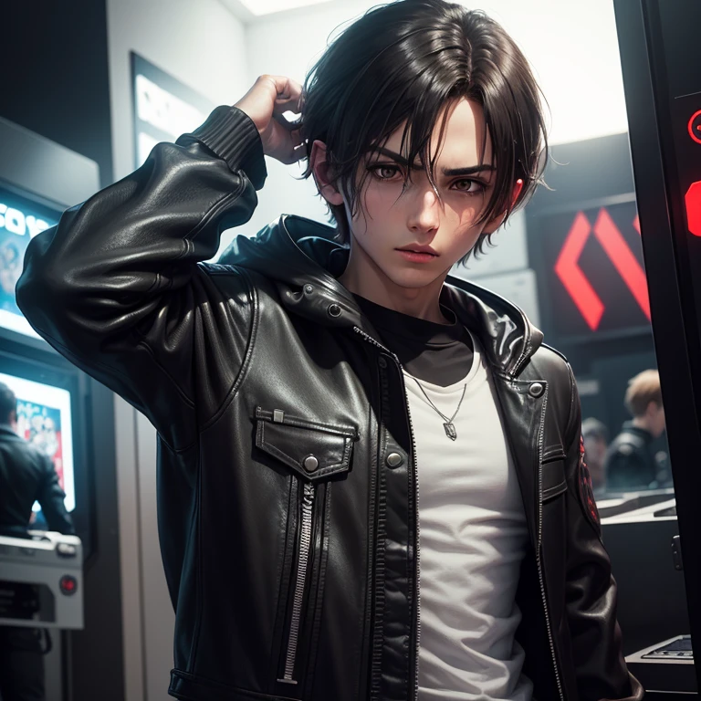Alon boy look like leon kennedy, detailing face ,outfits gray hood black leather jacket white t shirt black jean,heart broken, play video game arcade shop Japan solo image