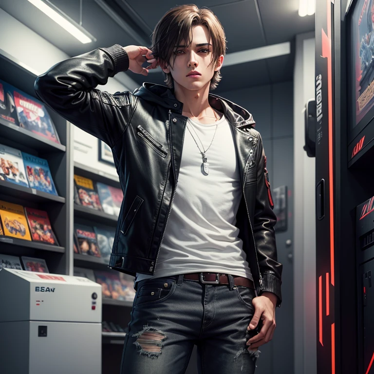 Alon boy look like leon kennedy, detailing face ,outfits gray hood black leather jacket white t shirt black jean,heart broken, play video game arcade shop Japan solo image