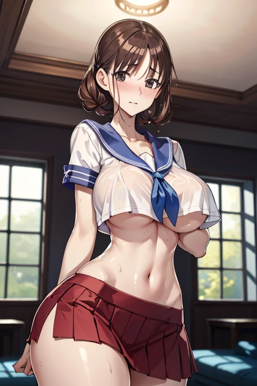 (8k, RAW photo, best quality, masterpiece, soft cinematic lighting, soft color:1.4),(ceiling, iook at camera,face focus:1.5), (realistic), (indoor background), (solo, mature woman,19years old:1.3), (sailor uniform,underboob,low-cut miniskirt,sheer :1.3), (embarrassed,red Cheeks:1.25), party chignon bronze color hair, clean skin, (smaller butt:0.9),(huge long wide heavy breasts:1.3), (thick, curvy:1.3),(very skinny:1.3)