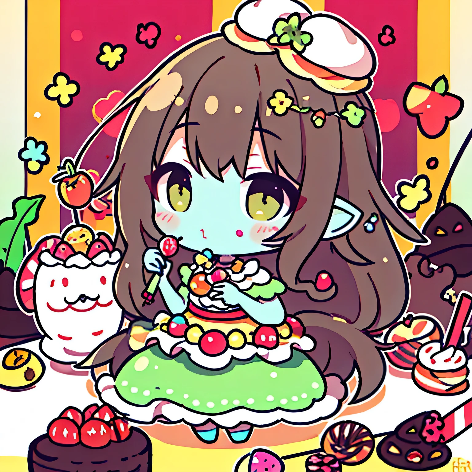 highest quality、High resolution、8K、cute beauty、detailed background、beautiful and detailed face、beautiful and smooth skin、skin texture、Little Fairy、fruit and food costumes、fruit and candy costume、Gives a colorful and cute impression。they happily eat cakes and sweets.