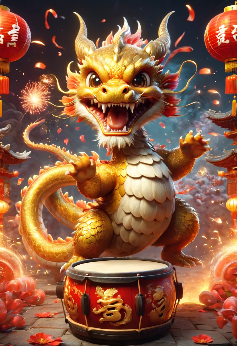 llustrate a single, cute, anthropomorphic Chinese golden dragon using its claws to vigorously play a large drum, which is decorated with the Chinese character \u798f (Fu) for fortune. The background should depict a festive and joyous Chinese New Year atmosphere, complete with traditional Chinese architecture, fireworks, firecrackers, lanterns, and Spring Festival couplets. Focus on the dynamic movement of the golden dragon playing the drums, capturing its joyful and delighted facial expression,卡通片, (皮克斯风格), 日本动画片, (超高清, 高质量, 8k, 有趣的)