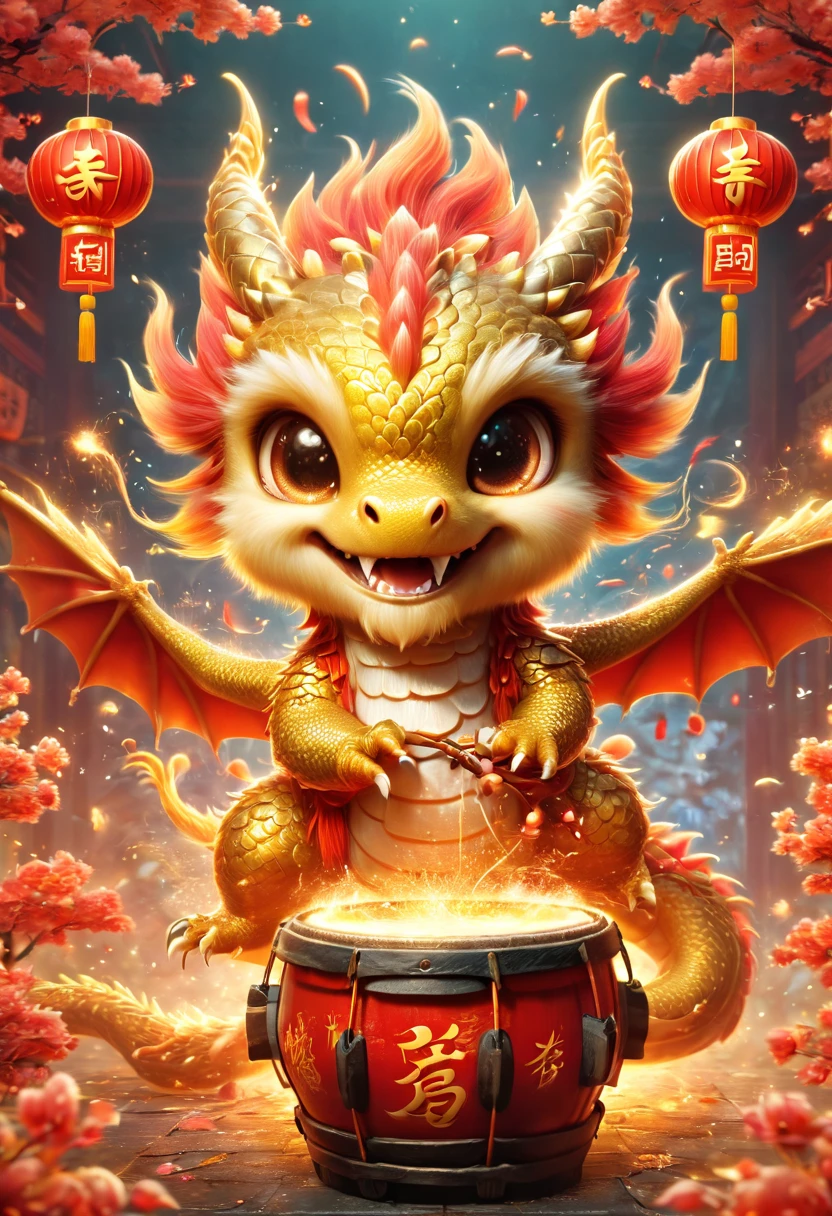 llustrate a single, cute, anthropomorphic Chinese golden dragon using its claws to vigorously play a large drum, which is decorated with the Chinese character \u798f (Fu) for fortune. The background should depict a festive and joyous Chinese New Year atmosphere, complete with traditional Chinese architecture, fireworks, firecrackers, lanterns, and Spring Festival couplets. Focus on the dynamic movement of the golden dragon playing the drums, capturing its joyful and delighted facial expression，卡通片, (皮克斯风格), 日本动画片, (超高清, 高质量, 8k, 有趣的)