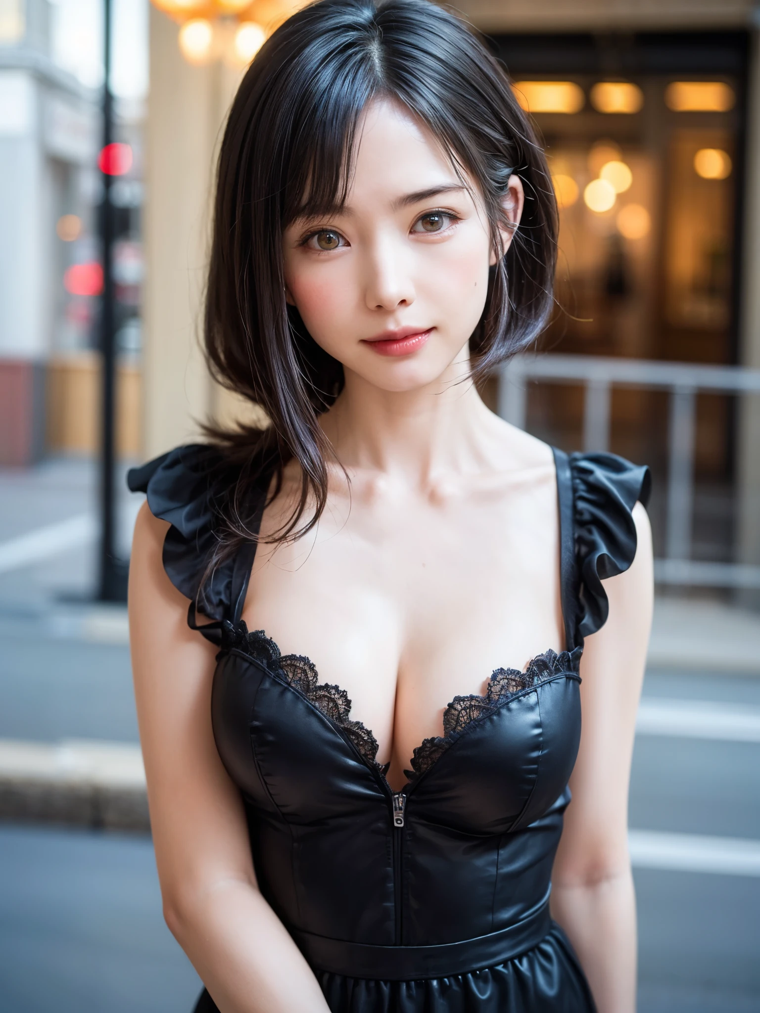 (masterpiece, highest quality、super dense skin、get used to it),1 girl, alone,Beautiful symmetrical face、 hyper realistic, realistic,realistic, light brown eyes stare at the viewer,Brunette short bob hair with highly detailed shiny hair、intense eye highlights), See-through brightly colored winter clothes,Lovely see-through costume full of charm、 lips,lip gloss, outdoor, Upper body、Big eyes、eyelash、{Huge|big|Hugeな|mega} , cleavage、(Big eyess short bob hair beautiful detailed eyes、Adds intense highlights to your eyes with eye-catching light、large full 、look at the audience、she is very beautiful and cute、show me your ears、long neck、smile、Close your mouth and smilee、perfect 、ideal body proportions、Please tilt your head slightly)、（Snow-covered tree-lined street in Norway in winter）、(she is a very cute and attractive woman)