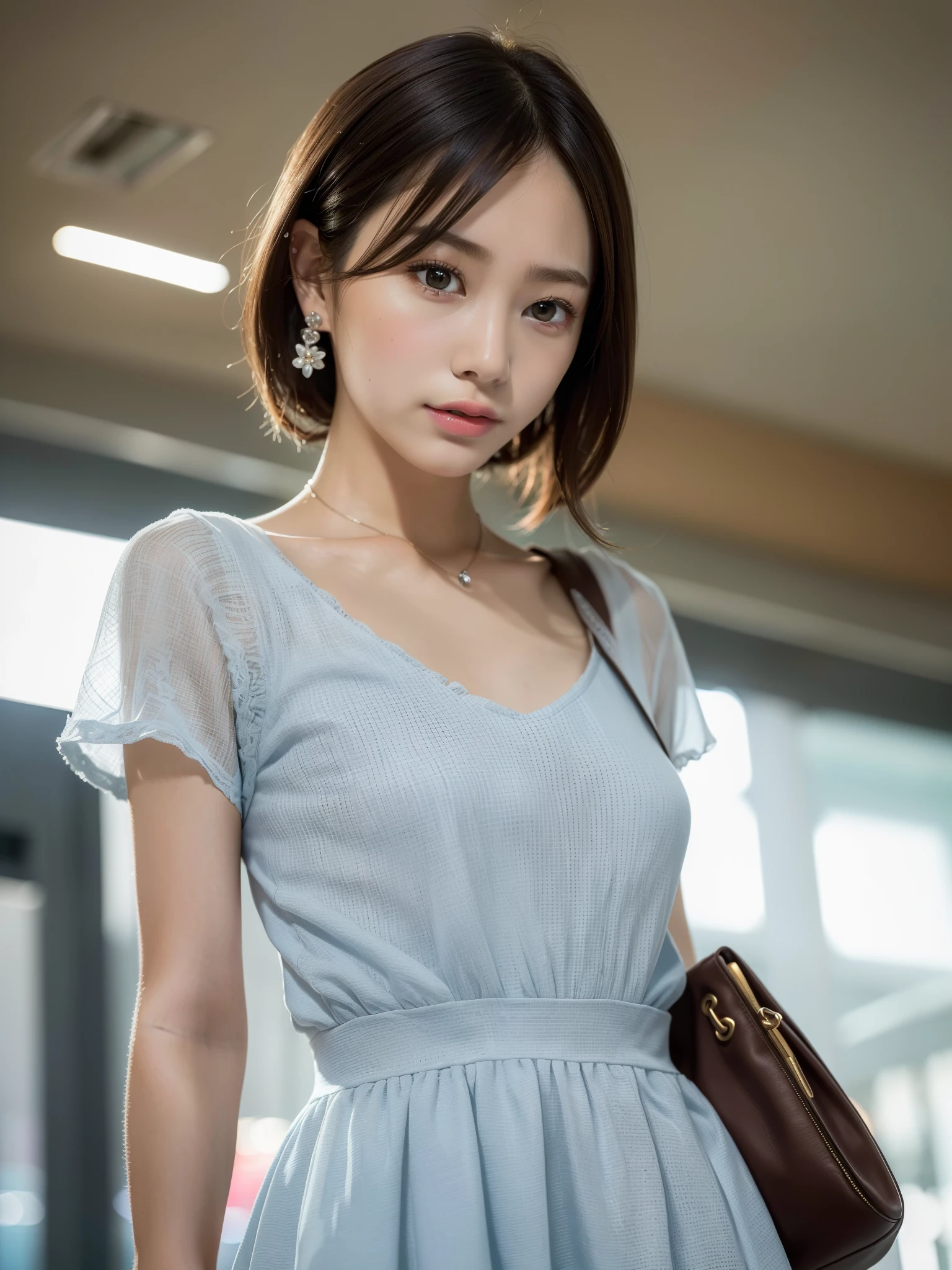((Best of the highest quality, 8k, Masterpiece: 1.3, raw photo)), Sharp focus: 1.2, (1 AESPA girl: 1.1), (Solo: 1.18), (realistic, photo-realistic:1.37), face focus, cute face, (Small breasts, flat chest, Thigh: 1.3), short messy hair, updo, (Neat chiffon dress: 1.3), standing, airport, terminal