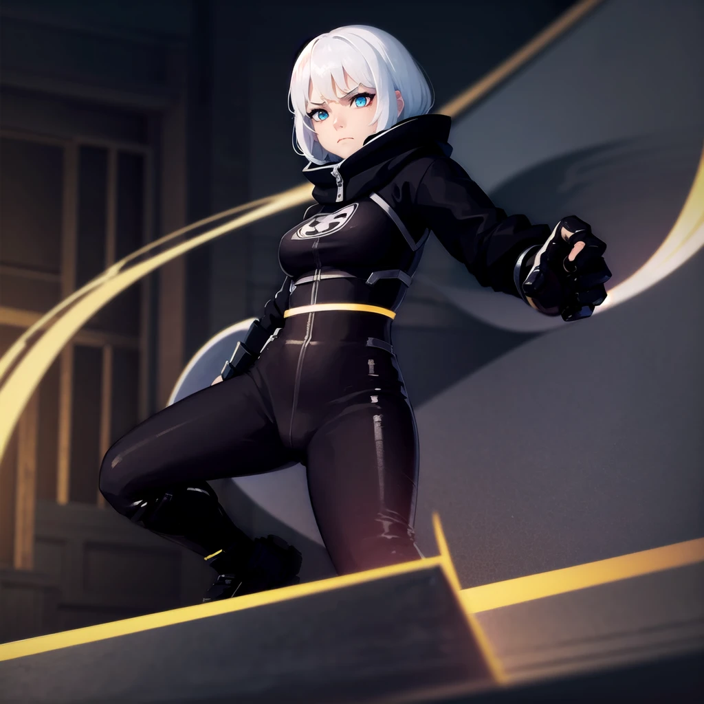 Fighting girl, epic, with particles, HD, 8k, white hair, with black cape, line marks on the face, serious face, closed mouth, casual pose, hands in Bruce Lee position, tactical pants, black hood, black lines under eyes, black polar diver, eyes with marked rings, detailed face, blood on the lips, full body,