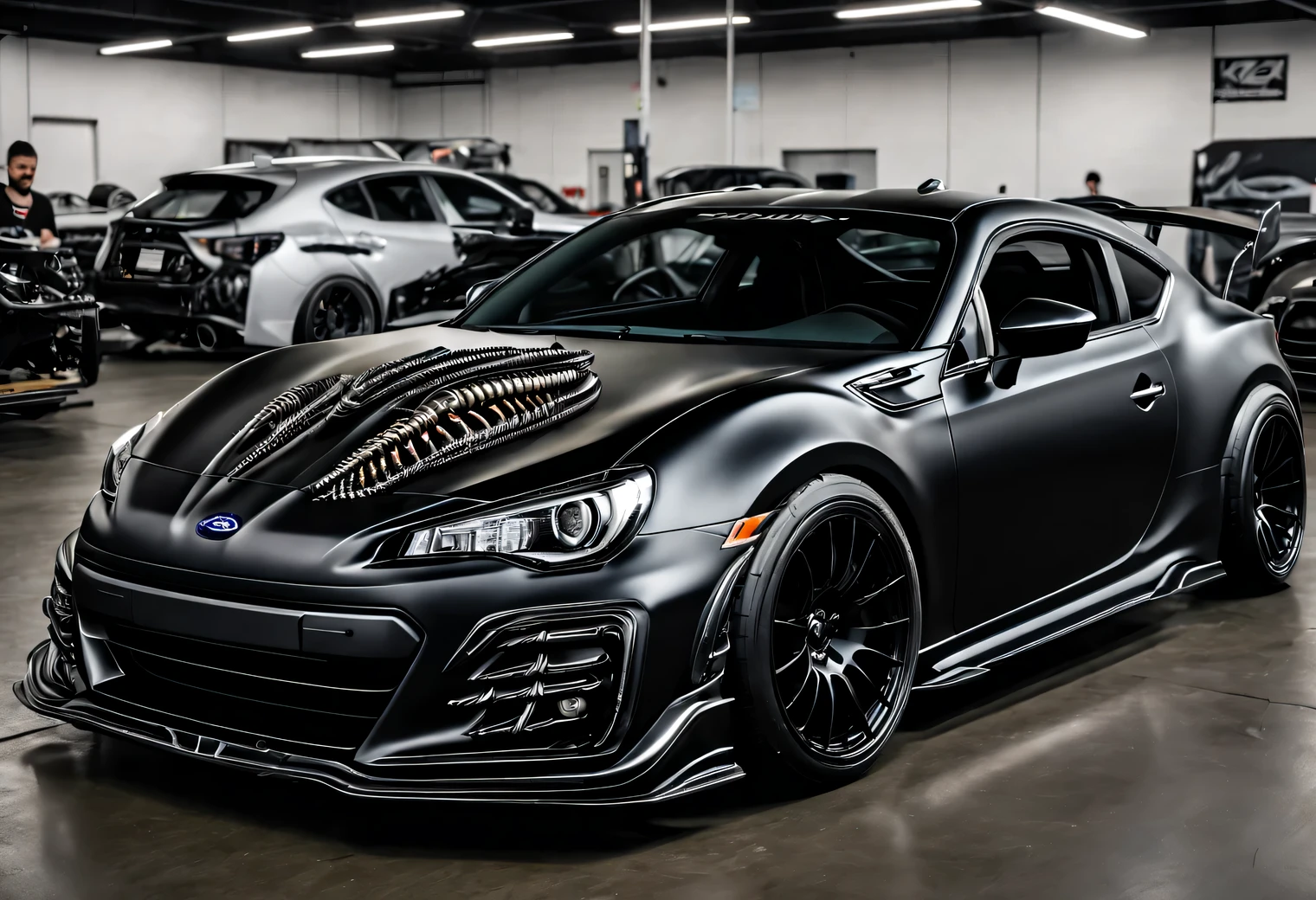 Maximum tuning of the Subaru BRZ in the style of xenomorphs HR Giger, color: black, Maximum shine, replacing car parts with xenomorphic styling, SEMA 2022 winner