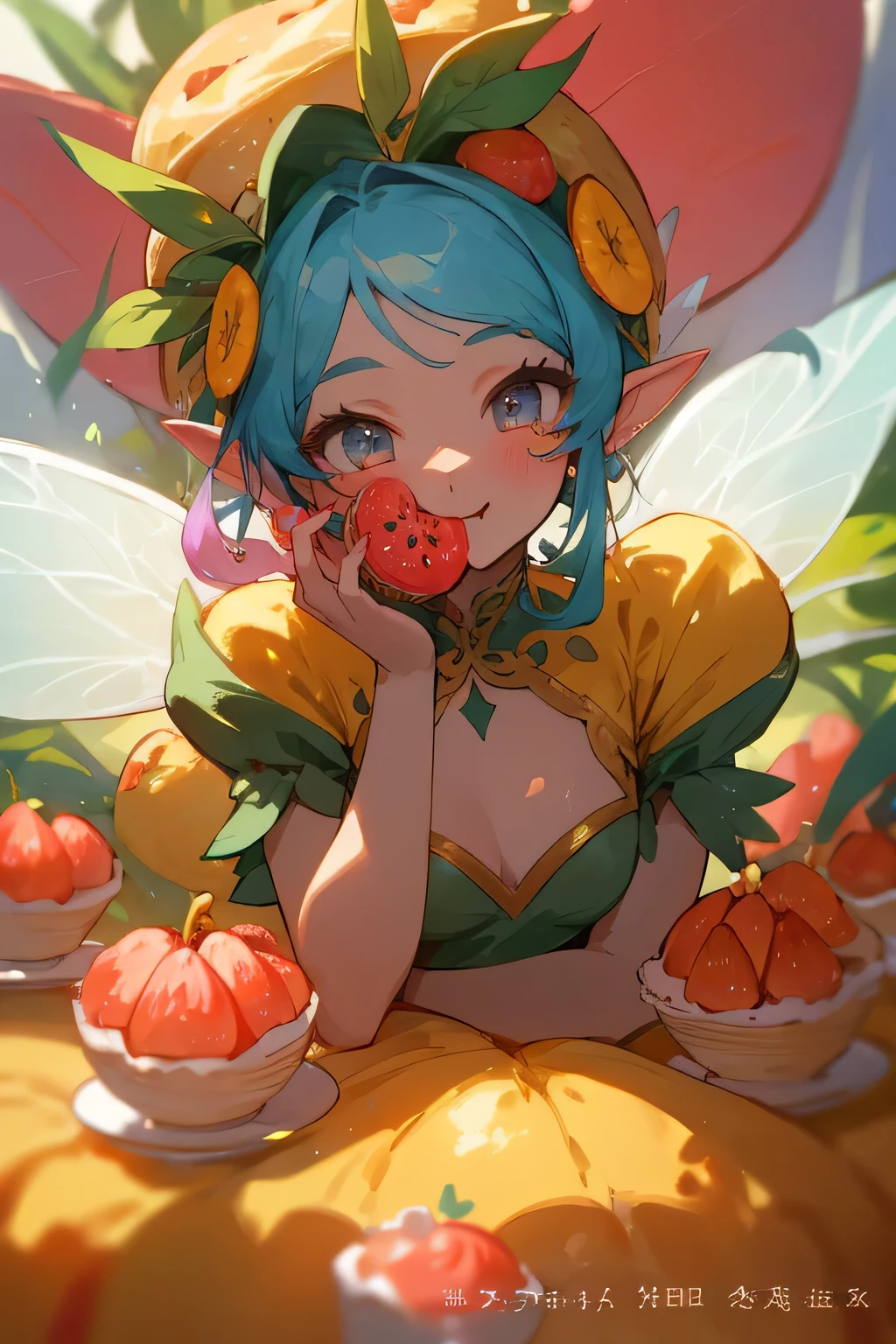 highest quality、High resolution、8K、cute beauty、detailed background、beautiful and detailed face、beautiful and smooth skin、skin texture、 Fairy、fruit and food costumes、fruit and candy costume、Gives a colorful and cute impression。they happily eat cakes and sweets.