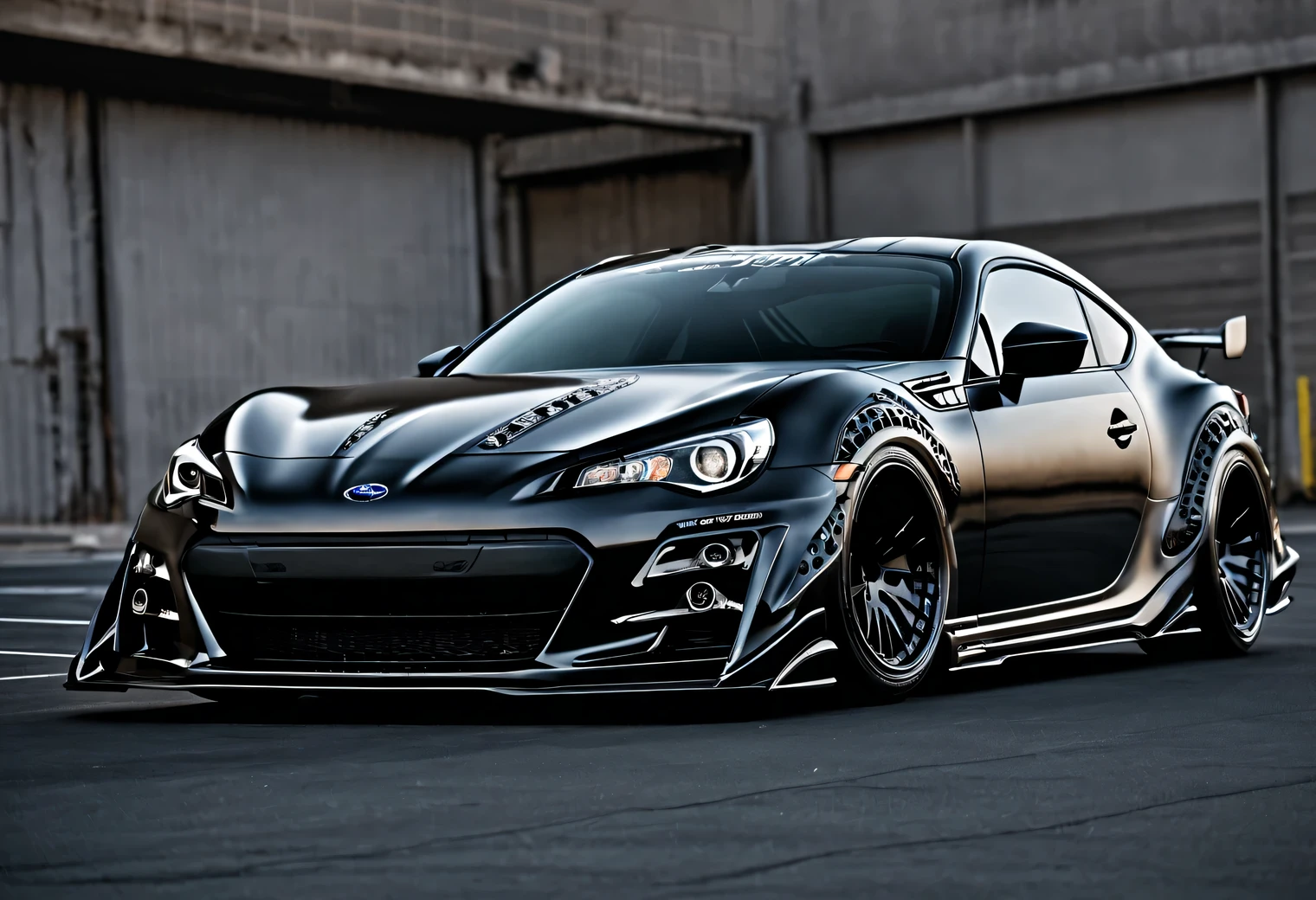 Maximum tuning of the Subaru BRZ in the style of xenomorphs HR Giger, color: black, Maximum shine, replacing car parts with xenomorphic styling, SEMA 2022 winner
