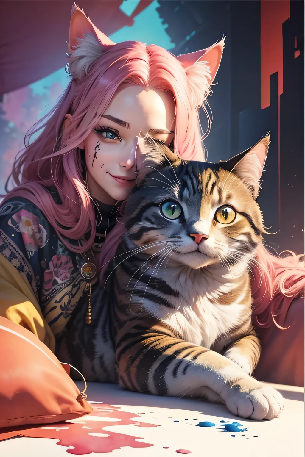 Color Style, digital art of (Cat character), official art, front, smile, masterpiece, beautiful, ((watercolor)), face painting, Ink splash, intricate details. very fine eyes, [drip:0.5], art station trends, Rachel Walker, (zentangle, mandala, tangle, entangle:0.6), (fractal art), 混沌の最もbeautiful形, Brutal design, masterpiece, 最high quality, high quality, High resolution,