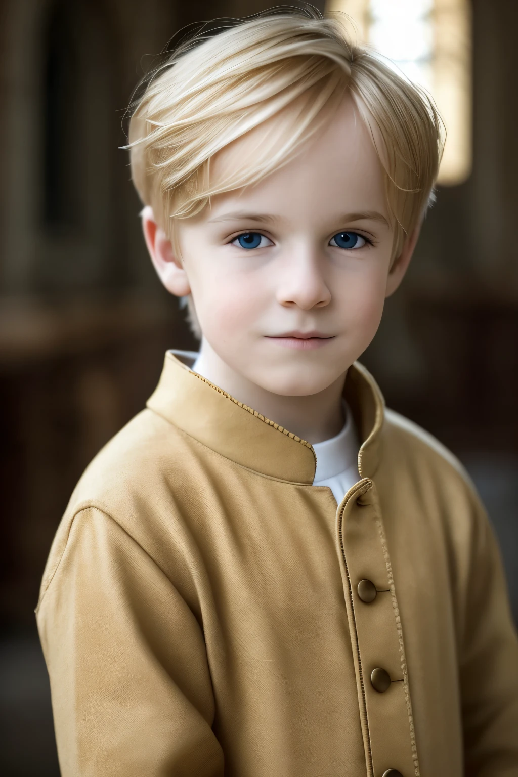 a innocent boy, golden blonde hair, whole body, in castle, masterpiece, realistic, 4k, detailed, inside castle, highly detailed face, f2.8,denoise, dof, regal outfit, blur background,