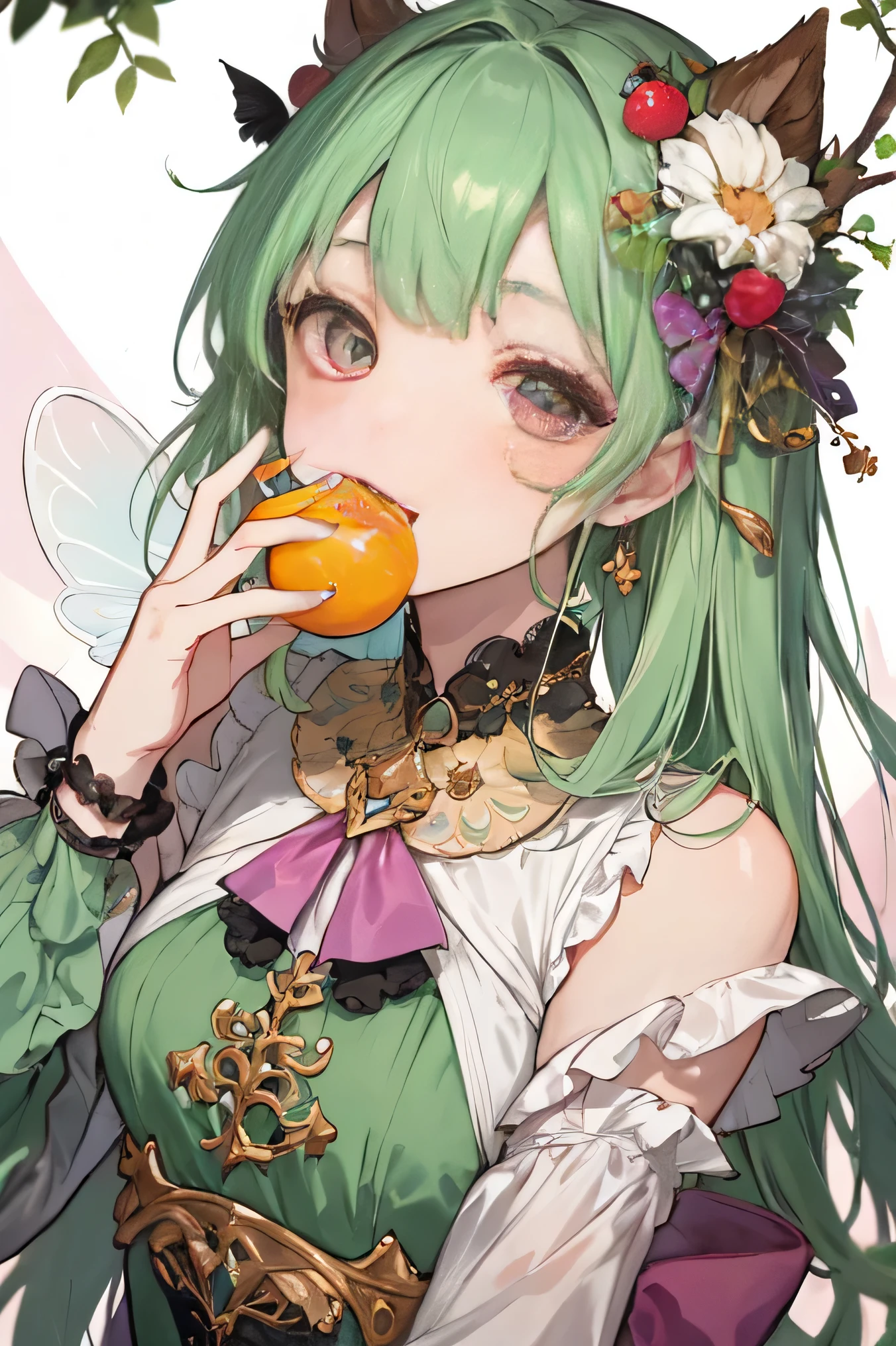 highest quality、High resolution、8K、cute beauty、detailed background、beautiful and detailed face、beautiful and smooth skin、skin texture、Little Fairy、fruit and food costumes、fruit and candy costume、Gives a colorful and cute impression。they happily eat cakes and sweets.