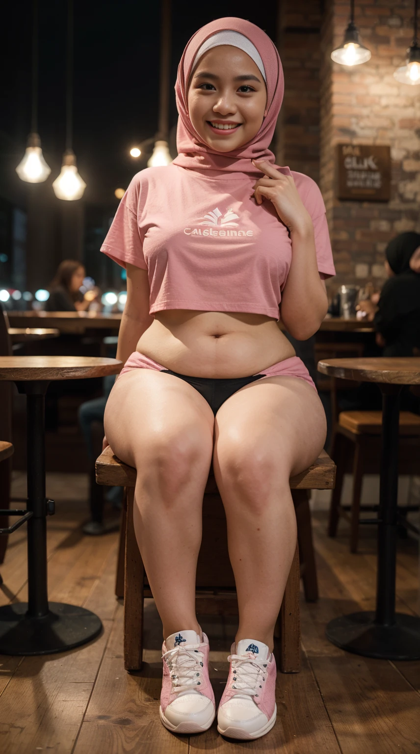 cute Malay girl with hijab seating in hipster cafe, happy, smiling, nighttime,wearing T-Shirt, large pink sneakers, soft professional lighting, blur background, cool ambient, bokeh, small breast, small waist, small head, short  body, wide hips, thick thighs, thick leg, small head,