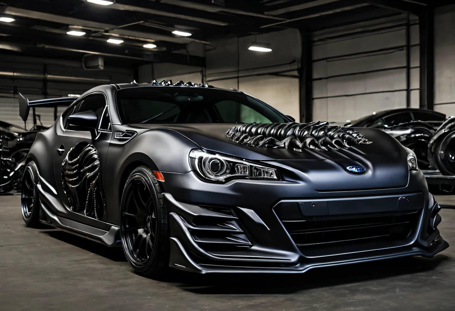 Maximum tuning HR Giger of the Subaru BRZ in the style of xenomorphs HR Giger, color: black, matte, replacing car parts with xenomorphic styling, SEMA 2022 winner