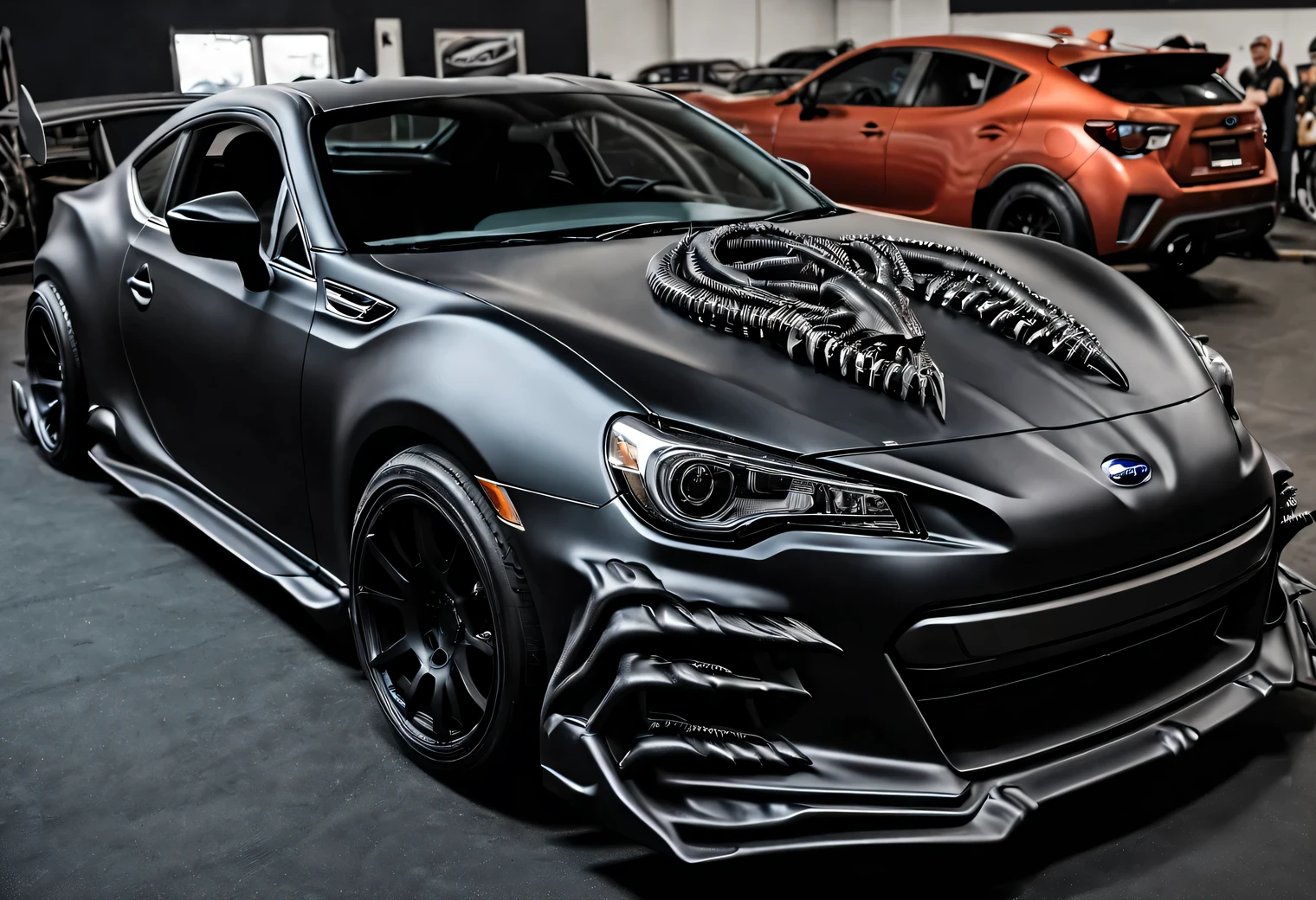 Maximum tuning HR Giger of the Subaru BRZ in the style of xenomorphs HR Giger, color: black, matte, replacing car parts with xenomorphic styling, SEMA 2022 winner
