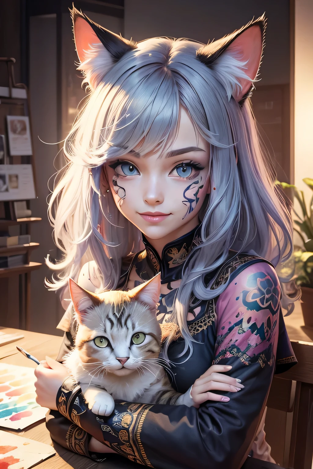 Color Style, digital art of (Cat character), official art, front, smile, masterpiece, beautiful, ((watercolor)), face painting, Ink splash, intricate details. very fine eyes, [drip:0.5], art station trends, Rachel Walker, (zentangle, mandala, tangle, entangle:0.6), (fractal art), 混沌の最もbeautiful形, Brutal design, masterpiece, 最high quality, high quality, High resolution,
