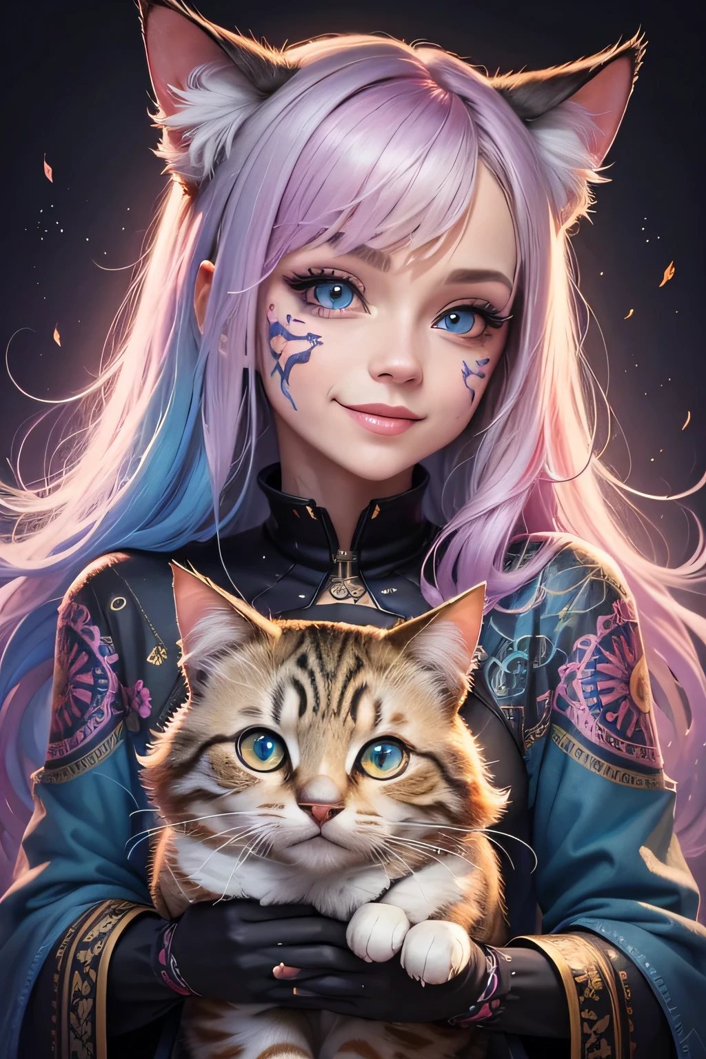 Color Style, digital art of (Cat character), official art, front, smile, masterpiece, beautiful, ((watercolor)), face painting, Ink splash, intricate details. very fine eyes, [drip:0.5], art station trends, Rachel Walker, (zentangle, mandala, tangle, entangle:0.6), (fractal art), 混沌の最もbeautiful形, Brutal design, masterpiece, 最high quality, high quality, High resolution,