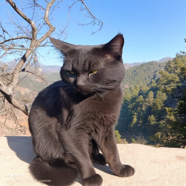 there is a black cat sitting on a rock looking at the camera, sitting cutely on a mountain, smokey, tabaxi male, taken with sony alpha 9, a handsome, proud looking away, the dark god of cats, taken with sony a7r camera, beautiful picture of stray, smoky, looking smug, very handsome, looking towards the camera