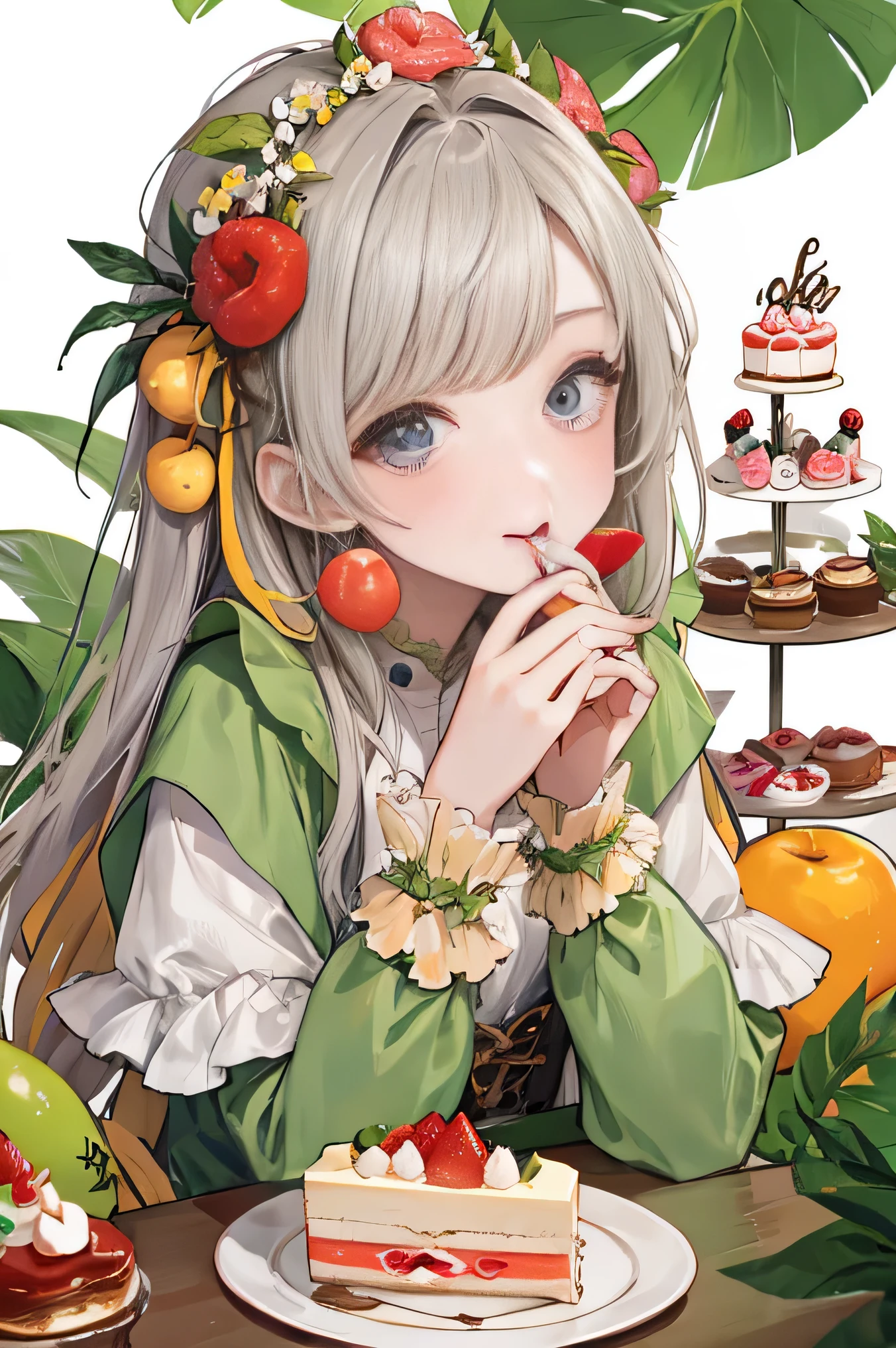 highest quality、High resolution、8K、cute beauty、detailed background、beautiful and detailed face、beautiful and smooth skin、skin texture、 Fairy、fruit and food costumes、fruit and candy costume、Gives a colorful and cute impression。they happily eat cakes and sweets.