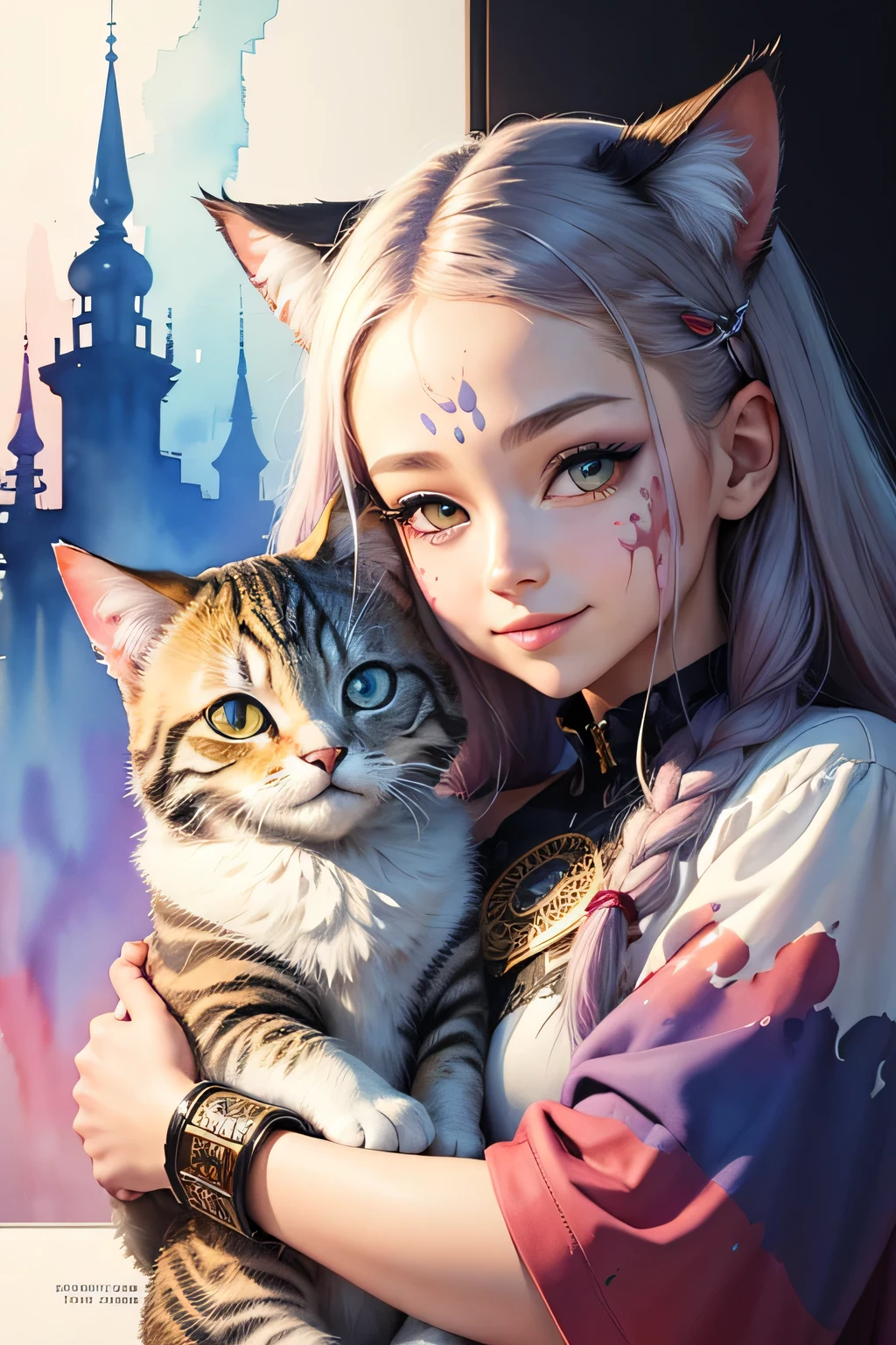 Color Style, digital art of (Cat character), official art, front, smile, masterpiece, beautiful, ((watercolor)), face painting, Ink splash, intricate details. very fine eyes, [drip:0.5], art station trends, Rachel Walker, (zentangle, mandala, tangle, entangle:0.6), (fractal art), 混沌の最もbeautiful形, Brutal design, masterpiece, 最high quality, high quality, High resolution,