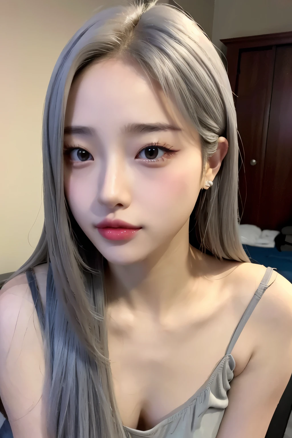 realistic, High resolution, 1 female, glowing skin, alone, wide lips,long hair,straight hair,saggy breasts,small face,Gray color hair,Color Contacts,camisole,room,up angle,暗いroomに照明,K-pop Idol