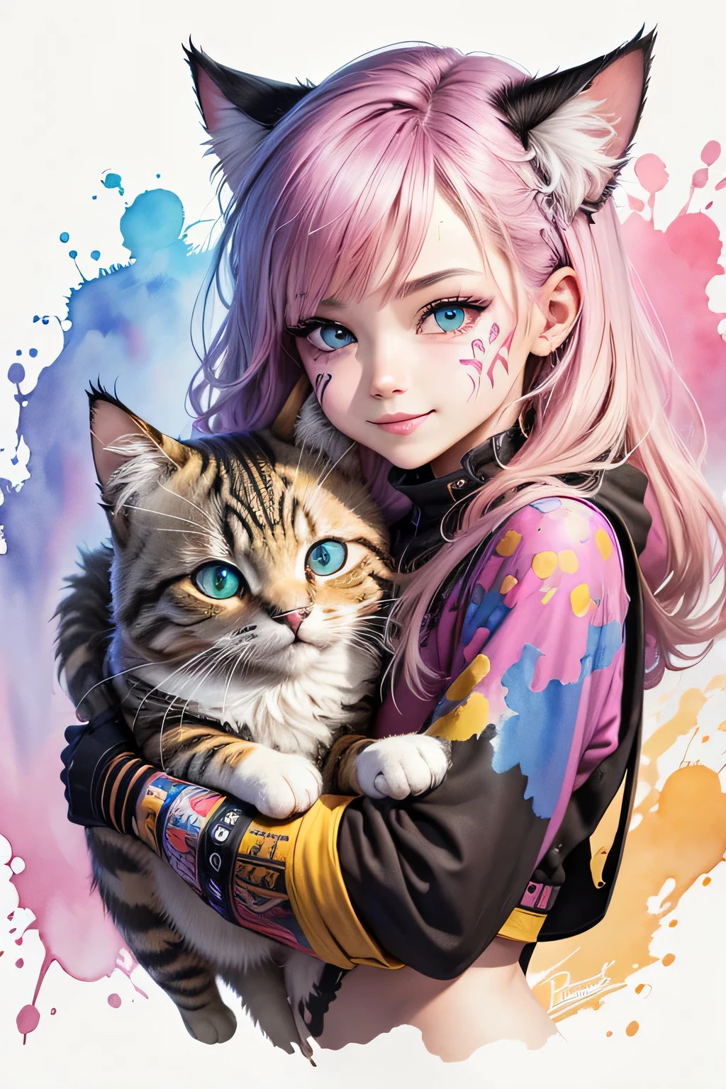 Color Style, digital art of (Cat character), official art, front, smile, masterpiece, beautiful, ((watercolor)), face painting, Ink splash, intricate details. very fine eyes, [drip:0.5], art station trends, Rachel Walker, (zentangle, mandala, tangle, entangle:0.6), (fractal art), 混沌の最もbeautiful形, Brutal design, masterpiece, 最high quality, high quality, High resolution,
