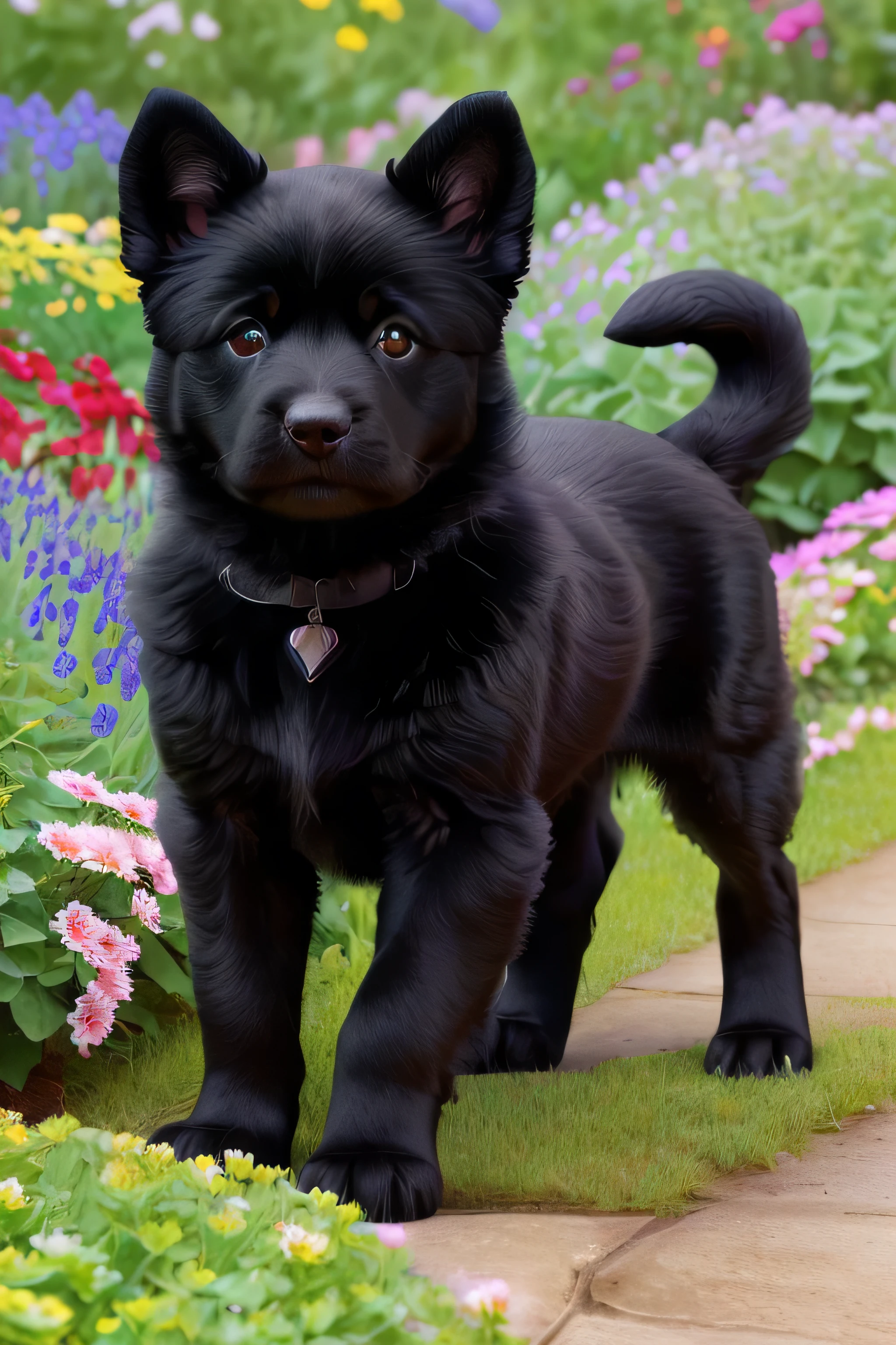 (Filhote de cachorro preto), (pelagem: curto), (olhos perfeitos), (nariz brilhante), (orelhas dobradas), (correndo no jardim de flores), (Super HD resolution, melhor qualidade, 4k, 8k, high resolution, artework -prime: 1.2), (qualidade perfeita), (improve lighting), (improve lighting), (arte: 1.1), (arte: 1.1), ultra-detalhado, (realista, photorealista, photorealista: 1.37), (cores vivas )