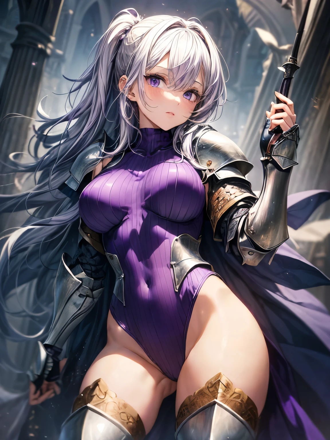 highest quality、complete limbs、full finger、(((1 woman)))、((Woman with purple hair))、((medium hair woman))、ponytail、Beauty busty woman:1.3、(((female knight:1.5)))、(((full armor:1.5)))、(((purple high neck leotard:1.5)))、(((woman wearing brown tights:1.3)))、castle town