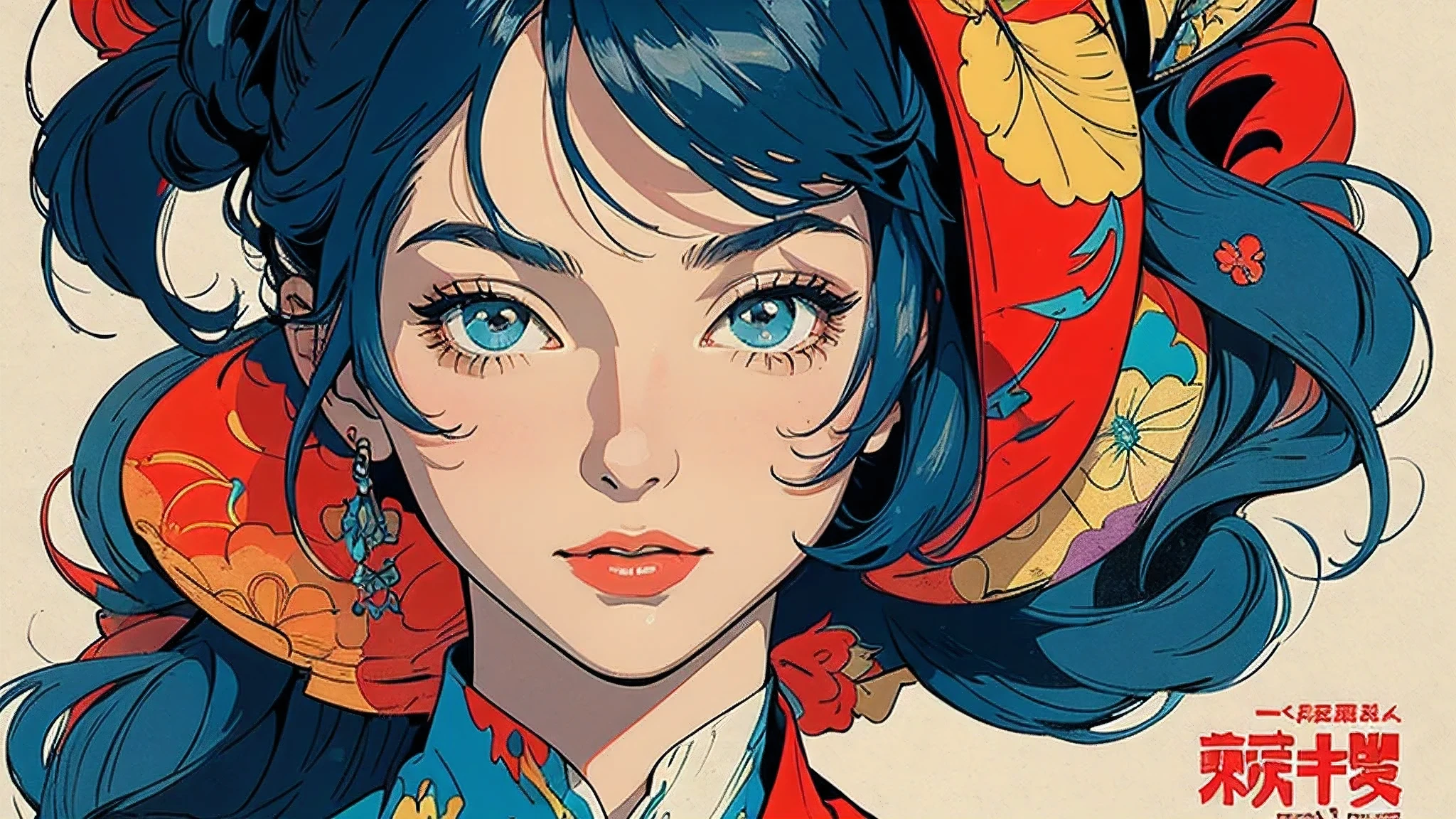 (Masterpiece, Best Quality),poster,abstract,movie poster,vintage,perfect lady,retro,anime,simple,retro,(((perfect one woman))),((background_complicate)),和彫り,