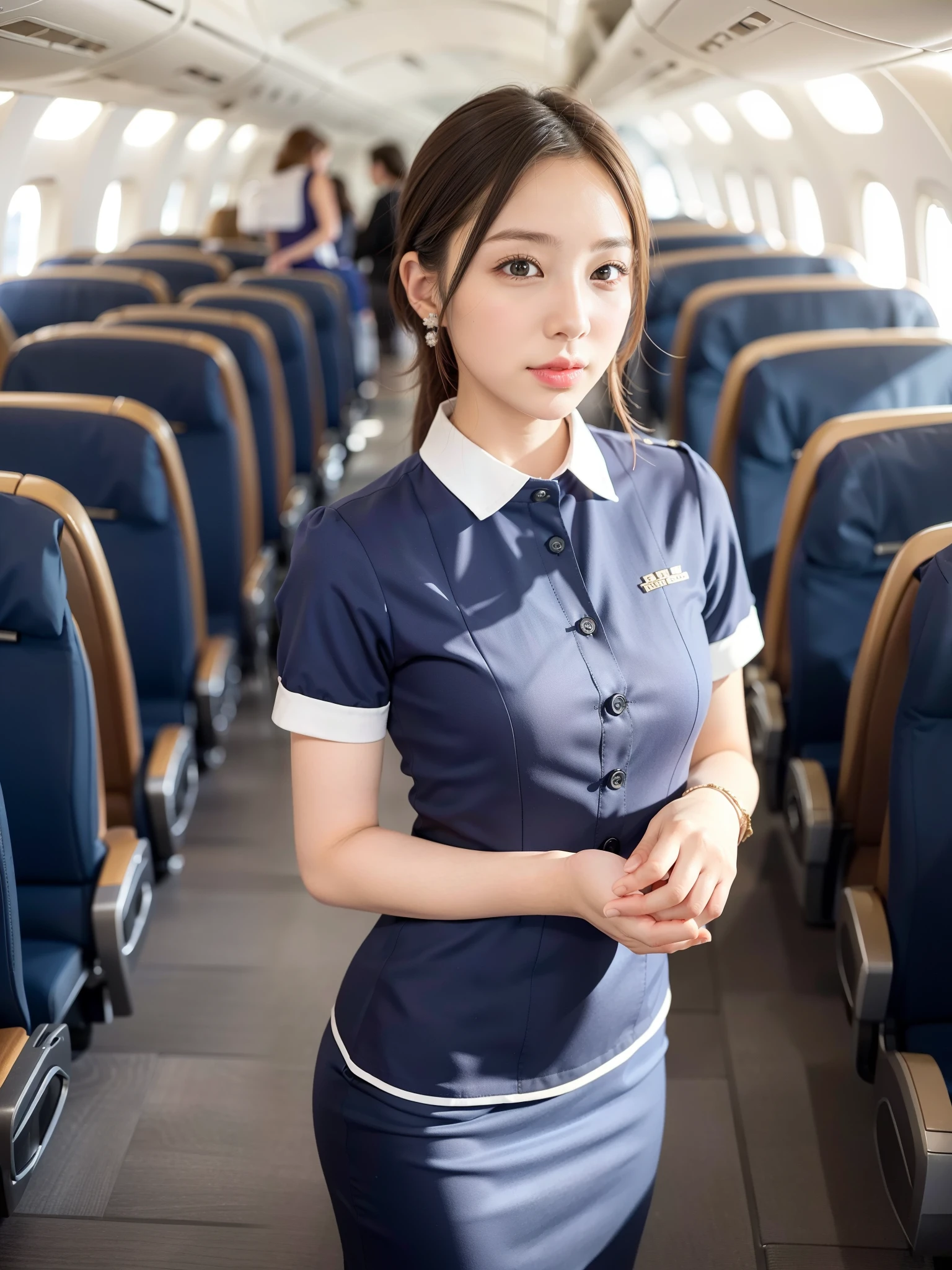 ((Best of the highest quality, 8k, Masterpiece: 1.3, raw photo)), Sharp focus: 1.2, (1 AESPA girl: 1.1), (Solo: 1.18), (realistic, photo-realistic:1.37), face focus, cute face, (Small breasts, flat chest, Thigh: 1.3), short messy hair, updo, (Beautiful flight attendant in the seat of the plane，Super beautiful，perfect bodies，Meticulous beautiful flight attendant outfit), standing, airport, terminal