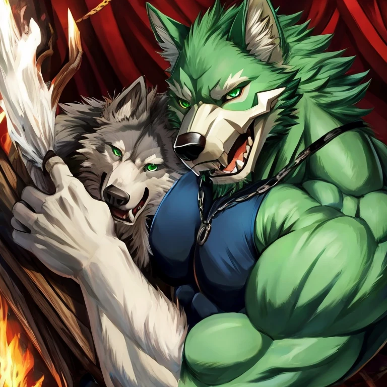 A wolf(man),face skull green eyes and wear a taketop has a muscle(wolf face)