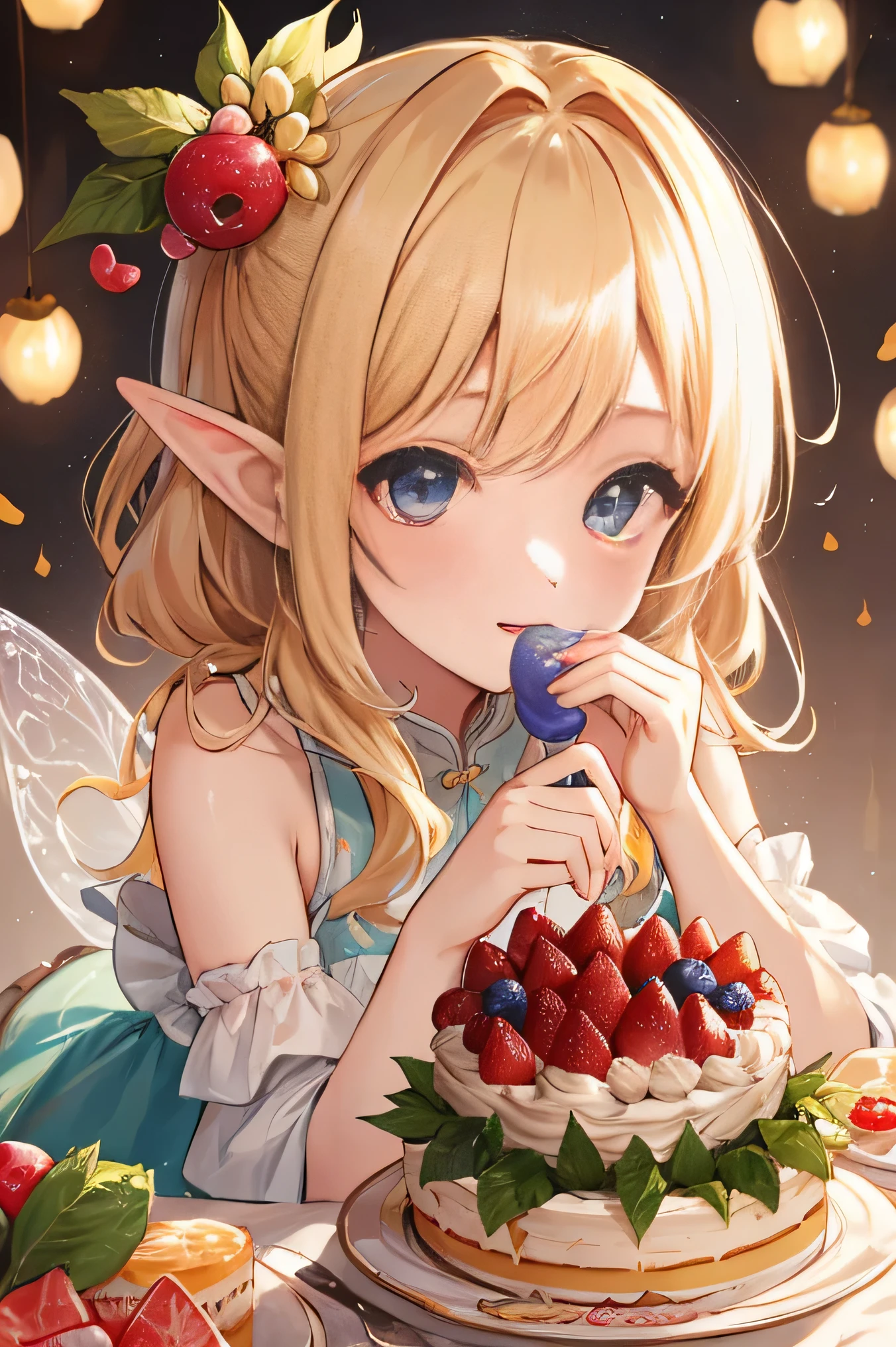 highest quality、High resolution、8K、cute beauty、detailed background、beautiful and detailed face、beautiful and smooth skin、skin texture、 Fairy、fruit and food costumes、fruit and candy costume、Gives a colorful and cute impression。they happily eat cakes and sweets.