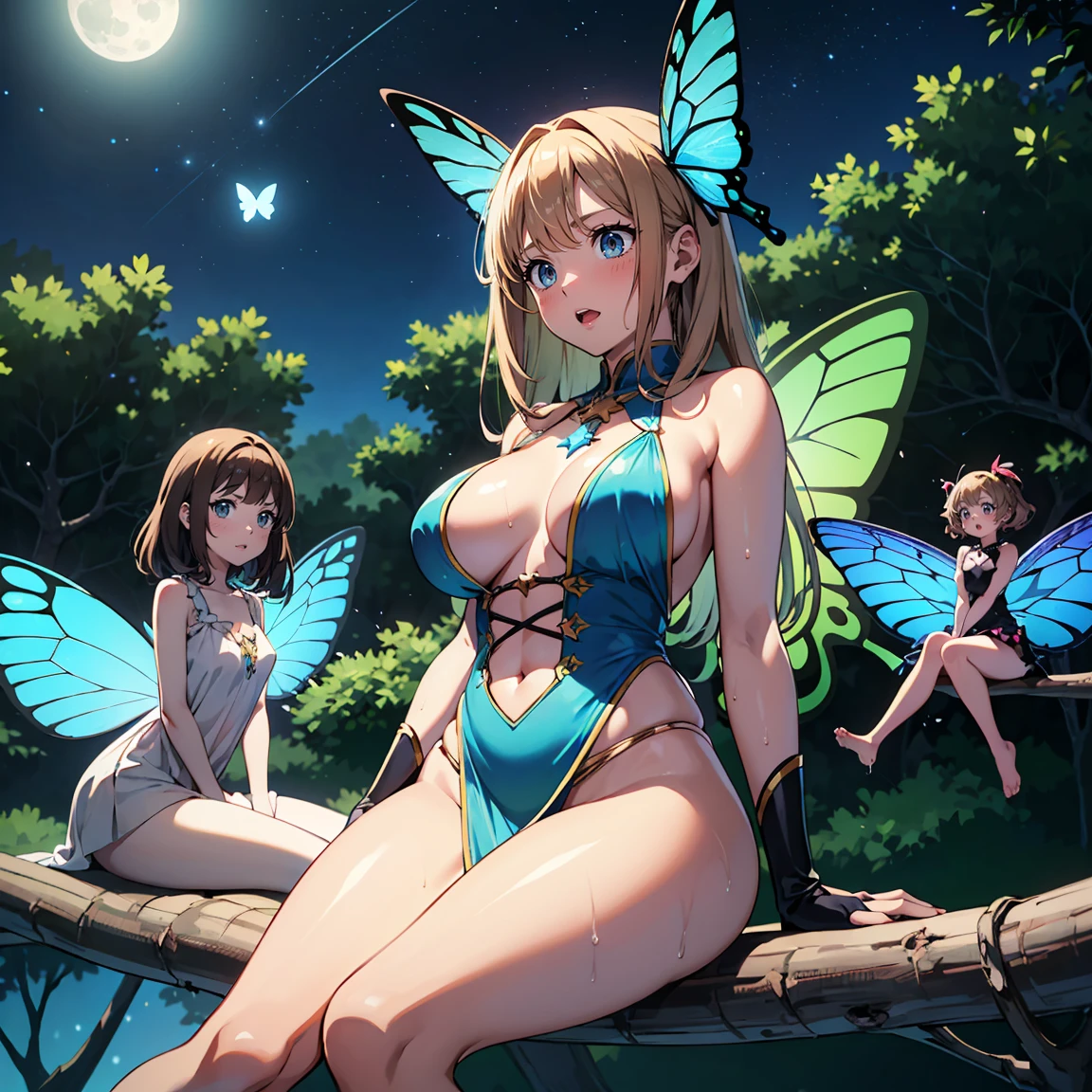 ((masterpiece)), ((highest quality)), (ultra high resolution,8K),(Ultra high fine mesh,4K), (Highly detailed CG integrated 8k wallpaper), (perfect anatomy,anatomically accurate), (Angle from below), (((Sitting on a branch of a tall treeセクシーな魅力を持つ爆乳三姉妹の妖精))), (((Faithfully reproduced three big-breasted sisters fairies))), (Sitting on a branch of a tall tree:1.5), beautiful butterfly in flight, (surprised expression:1.4), ((whole body)), (brown hair +1.2), blonde hair, (short bangs), (dynamic composition), High definition beauty face, (more beautiful blue eyes), (open your mouth), (wet body)), shiny skin, fine skin, thin hair, cowboy shot, background, (Butterflies flying around a woman), (starry sky), forest, Pillar of Light, moonlight, Sparkling, (midnight, darkness), Shining six-pointed star, string panties