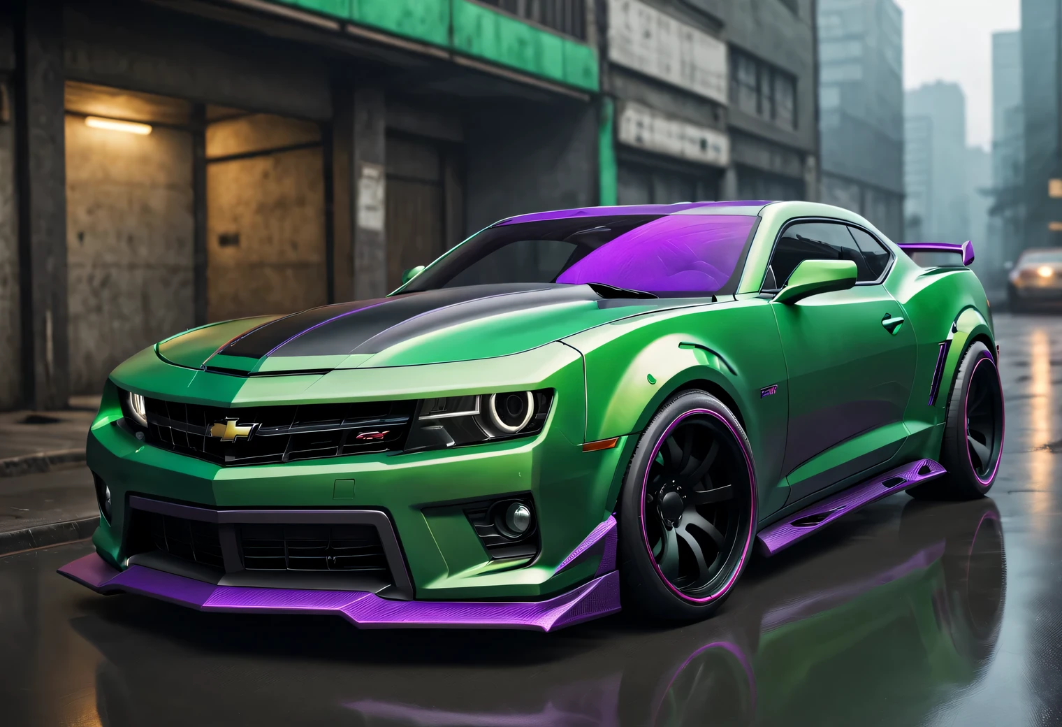 Tuning Chevrolet Camaro, cyberpunk style, Green colour, purple and black, high detail, a high resolution, 8K, photorealistic