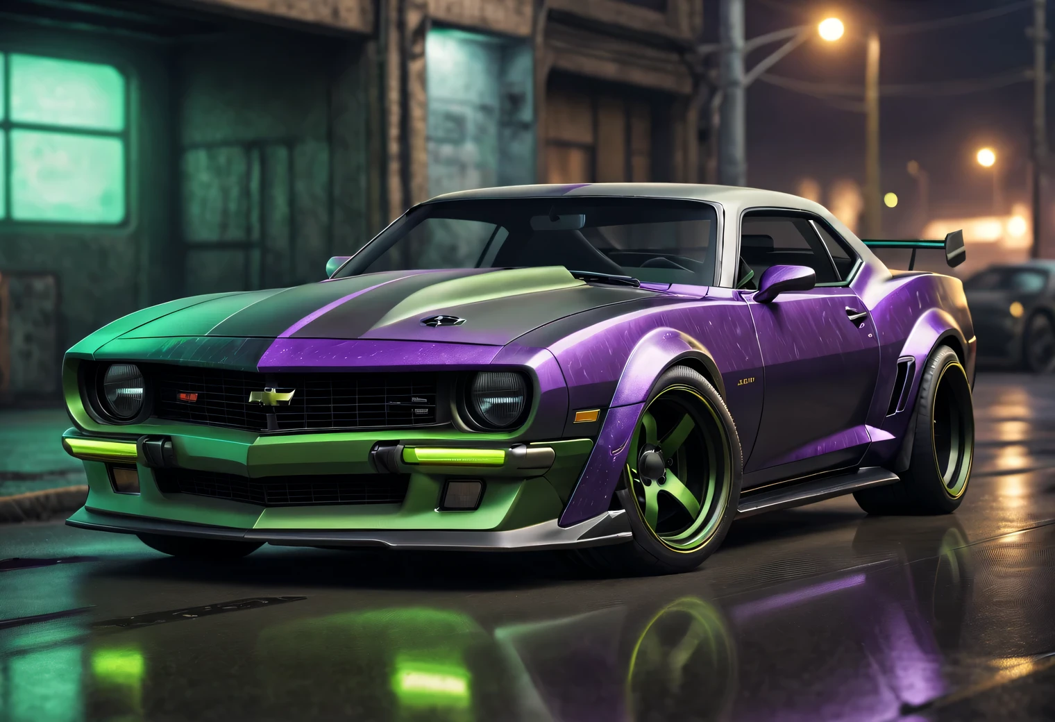 Tuning Chevrolet Camaro, cyberpunk style, Green colour, purple and black, high detail, a high resolution, 8K, photorealistic