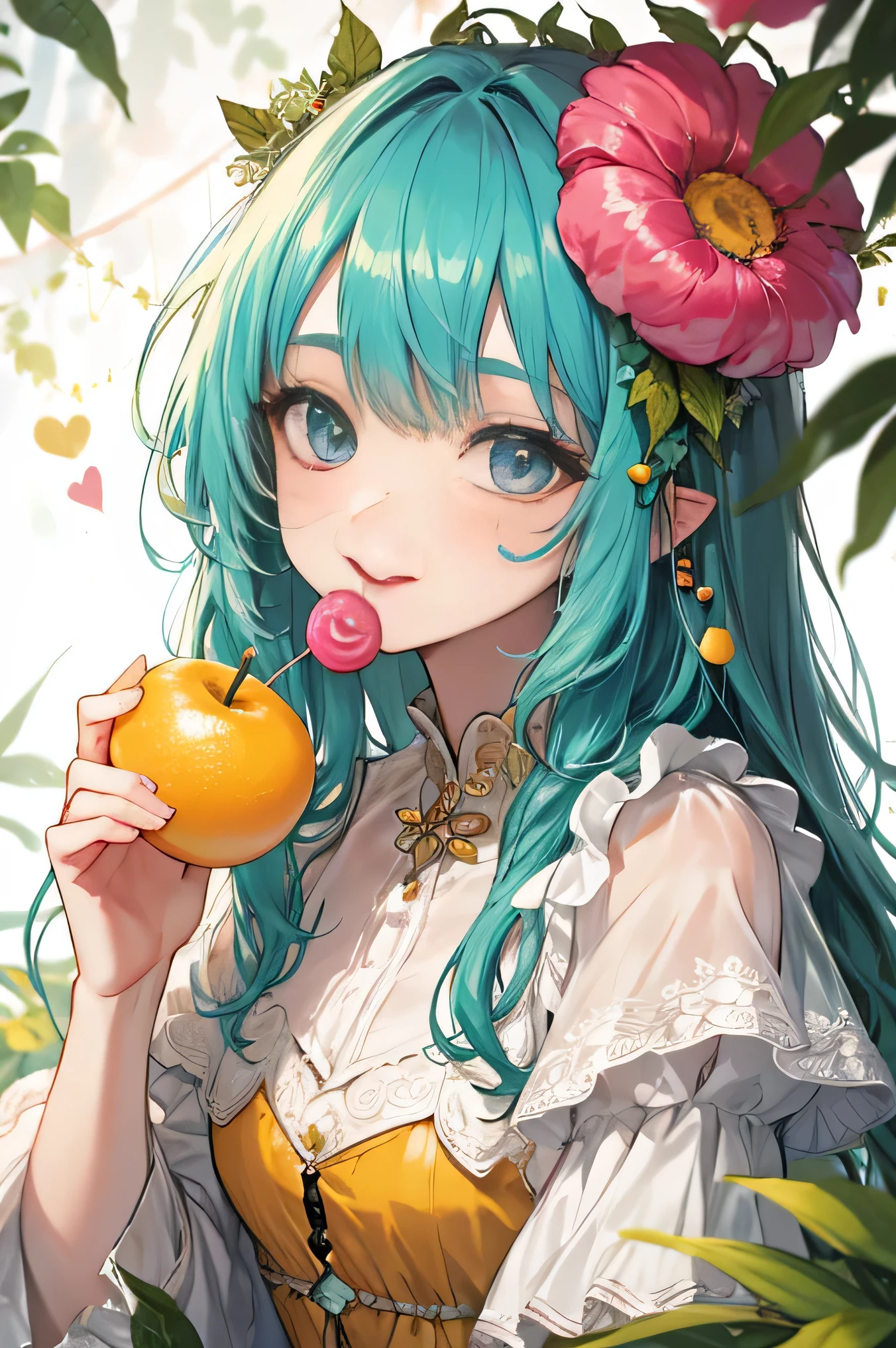 highest quality、High resolution、8K、cute beauty、detailed background、beautiful and detailed face、beautiful and smooth skin、skin texture、Little Fairy、fruit and food costumes、fruit and candy costume、Gives a colorful and cute impression。they happily eat cakes and sweets.