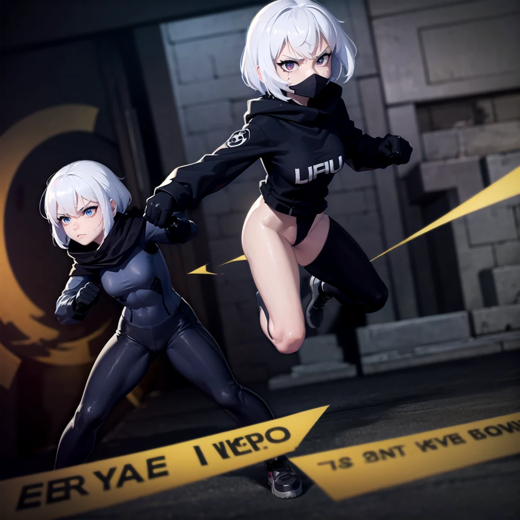 Fighting girl, epic, with particles, HD, 8k, white hair, with black cape, line marks on the face, serious face, closed mouth, casual pose, hands in Bruce Lee position, tactical pants, black hood, black lines under eyes, black polar diver, eyes with marked rings, detailed face, blood on the lips, full body,