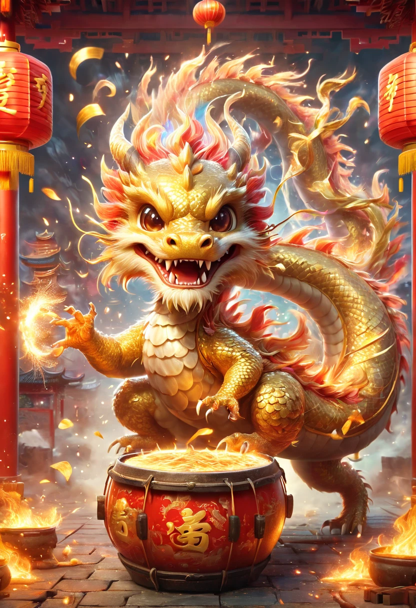 llustrate a single, cute, anthropomorphic Chinese golden dragon using its claws to vigorously play a large drum, which is decorated with the Chinese character \u798f (Fu) for fortune. The background should depict a festive and joyous Chinese New Year atmosphere, complete with traditional Chinese architecture, fireworks, firecrackers, lanterns, and Spring Festival couplets. Focus on the dynamic movement of the golden dragon playing the drums, capturing its joyful and delighted facial expression，卡通片, (皮克斯风格), 日本动画片, (8k, 有趣的, super detail, anatomically correct, award winning, best quality)