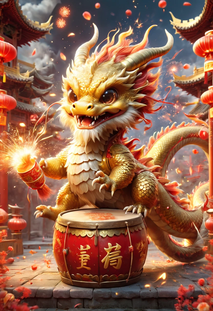 llustrate a single, cute, anthropomorphic Chinese golden dragon using its claws to vigorously play a large drum, which is decorated with the Chinese character \u798f (Fu) for fortune. The background should depict a festive and joyous Chinese New Year atmosphere, complete with traditional Chinese architecture, fireworks, firecrackers, lanterns, and Spring Festival couplets. Focus on the dynamic movement of the golden dragon playing the drums, capturing its joyful and delighted facial expression，卡通片, (皮克斯风格), 日本动画片, (8k, 有趣的, super detail, anatomically correct, award winning, best quality)