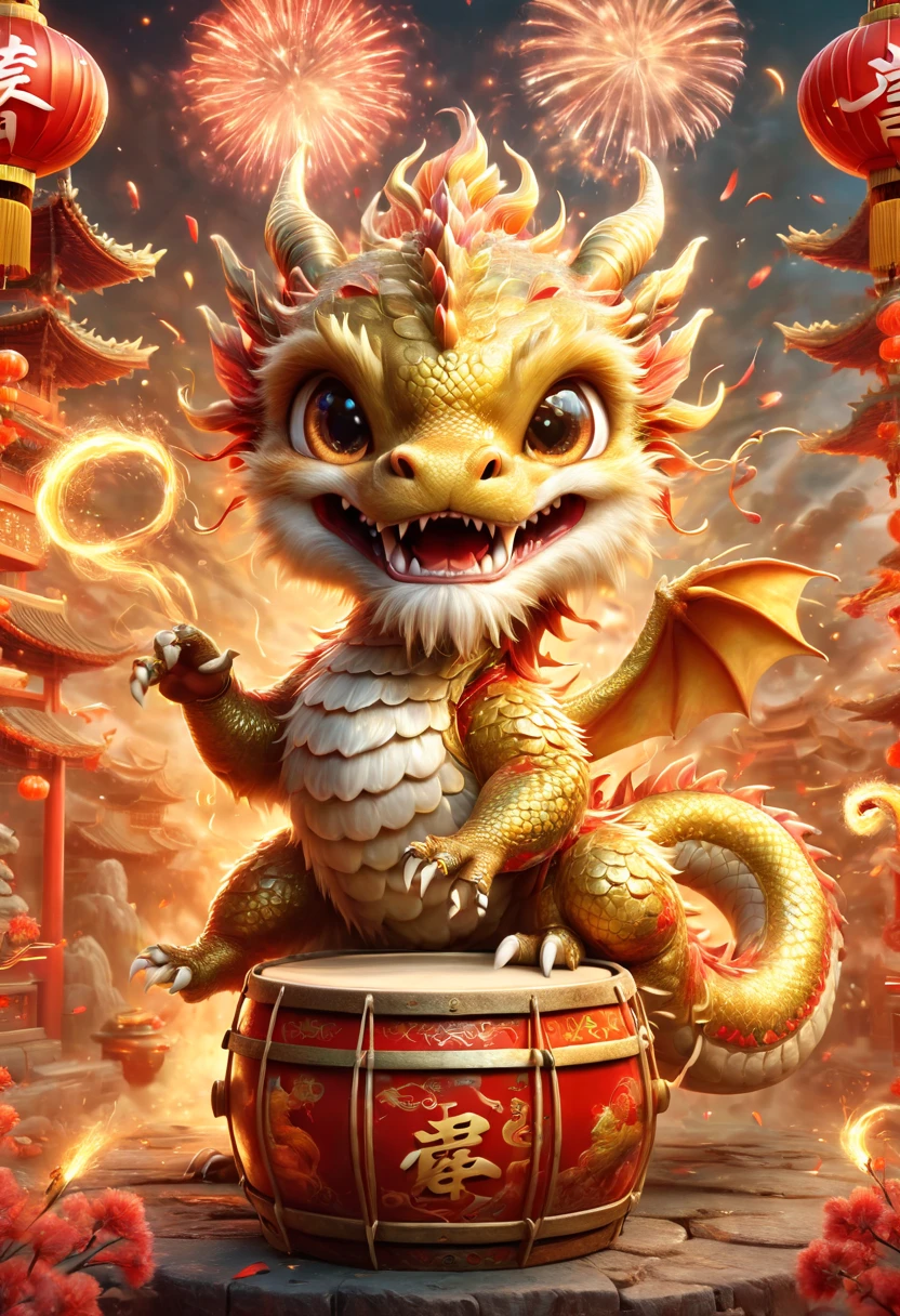 llustrate a single, cute, anthropomorphic Chinese golden dragon using its claws to vigorously play a large drum, which is decorated with the Chinese character \u798f (Fu) for fortune. The background should depict a festive and joyous Chinese New Year atmosphere, complete with traditional Chinese architecture, fireworks, firecrackers, lanterns, and Spring Festival couplets. Focus on the dynamic movement of the golden dragon playing the drums, capturing its joyful and delighted facial expression，卡通片, (皮克斯风格), 日本动画片, (8k, 有趣的, super detail, anatomically correct, award winning, best quality)