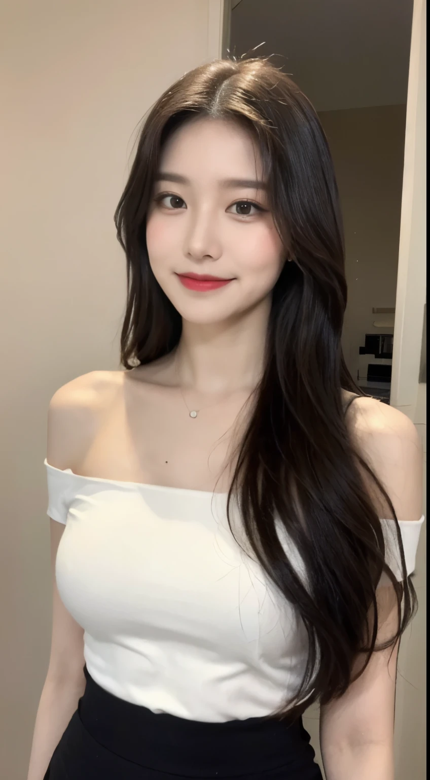 I&#39;m a girl around 29 years old.，Simplicity，very beautiful and delicate，(light makeup)，black hair，gentle smile，繊細でbeautiful色白肌，Realistic and realistic，exquisite and complete facial features，detailed depiction of the face，high nose bridge，red lips，beautiful, 優しくてbeautiful女の子，smooth hair，highly detailed hair，Feminine temperament，fill your face with light，surreal，realistic，8K quality，very detailed，realistic details，works of masters，Extremely realistic，Big Body，beautiful，pure desire，stunning beauty，unparalleled beauty，best image quality，8K resolution，welcome，smile，detailed facial features，hair over shoulders，brown hair，big long thick legs，(((high-waist French top)))，(((short skirt)))，Light of the sun，towards the camera，The body is well-proportioned and strong，gentle eyes，expose thighs，standing posture，standing inside a beauty salon，full body photo