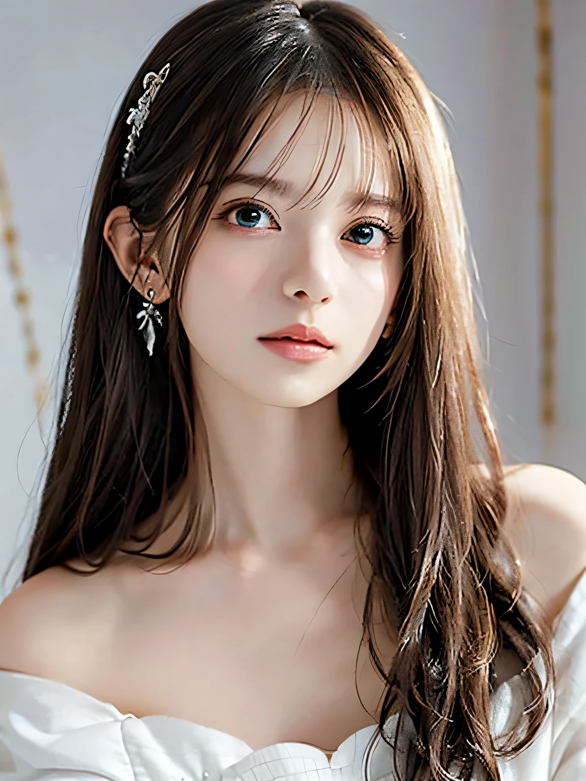 High quality 4K portraits,Close-up portrait of a woman wearing white off-shoulder top dress and earrings, soft portrait shot 8k, nice delicate face, high quality portrait, soft and perfect white skin, 8k highly detailed face, beautiful and delicate face, beautiful light big eyes, beautiful and realistic face, beautiful young woman, beautiful and realistic face, cute young woman