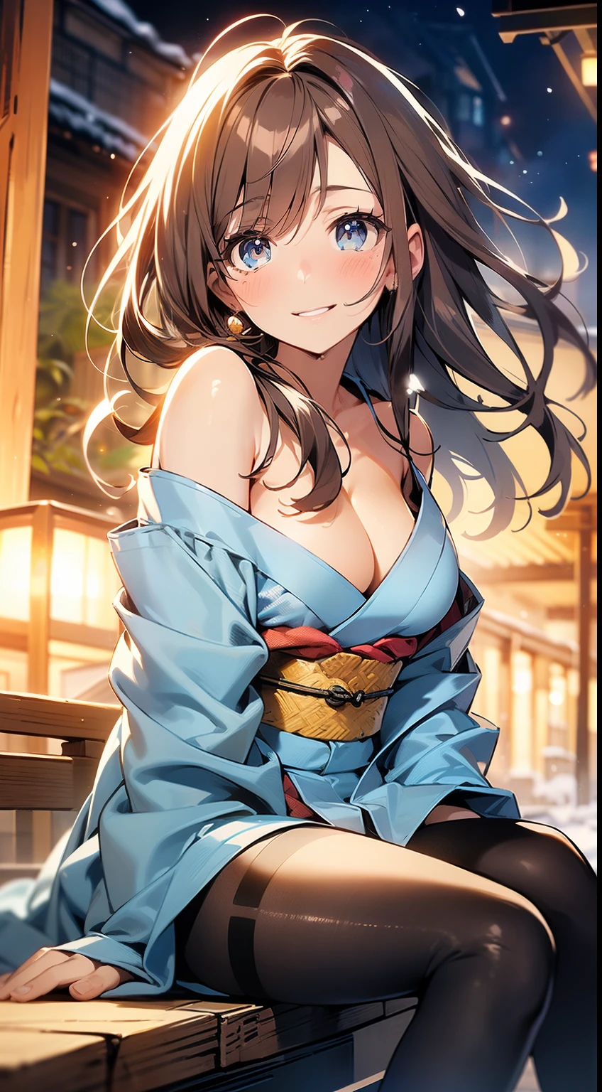 ((masterpiece, best quality, high resolution, ultra high definition, Pixel perfect, depth of field, 4K, RTX, human development report))), 1girl in, single, alone, Beauty、see whole body、 ((long hair, Short Liuhai, reddish brown hair)), ((blue eyes, beautiful eyelashes, realistic eyes)), ((Detailed face, blush:1.2)), ((smooth texture:0.75, lifelike质感:0.65, lifelike:1.1, Anime CG style)), medium breasts, Perfect body, (( Japanese kimono, bare shoulders ,Black tights)), Smile, Sideways posture, (wind blows hair，bare shoulders、exposing her chest、Black tights) , night ,snow , Hot springs