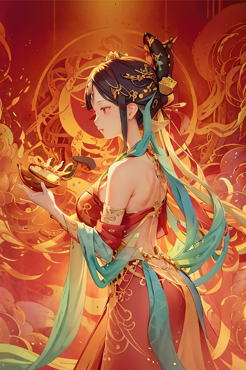 adds to the cozy and welcoming feeling of the scene. The dragon's scales are depicted with a stunning level of detail and realism, their vibrant hues glinting in the soft, dappled light.

The intricate calligraphy that accompanies the dragon is both elegant and bold, the brush strokes flowing gracefully as they form the delicate characters. The contrast between the bold dragon and the delicate calligraphy adds depth and complexity to the illustration, drawing the viewer in and inviting them to explore the intricacies of the scene.

The vibrant colors of the banner, with its red and gold hues, stand out against the softer, muted