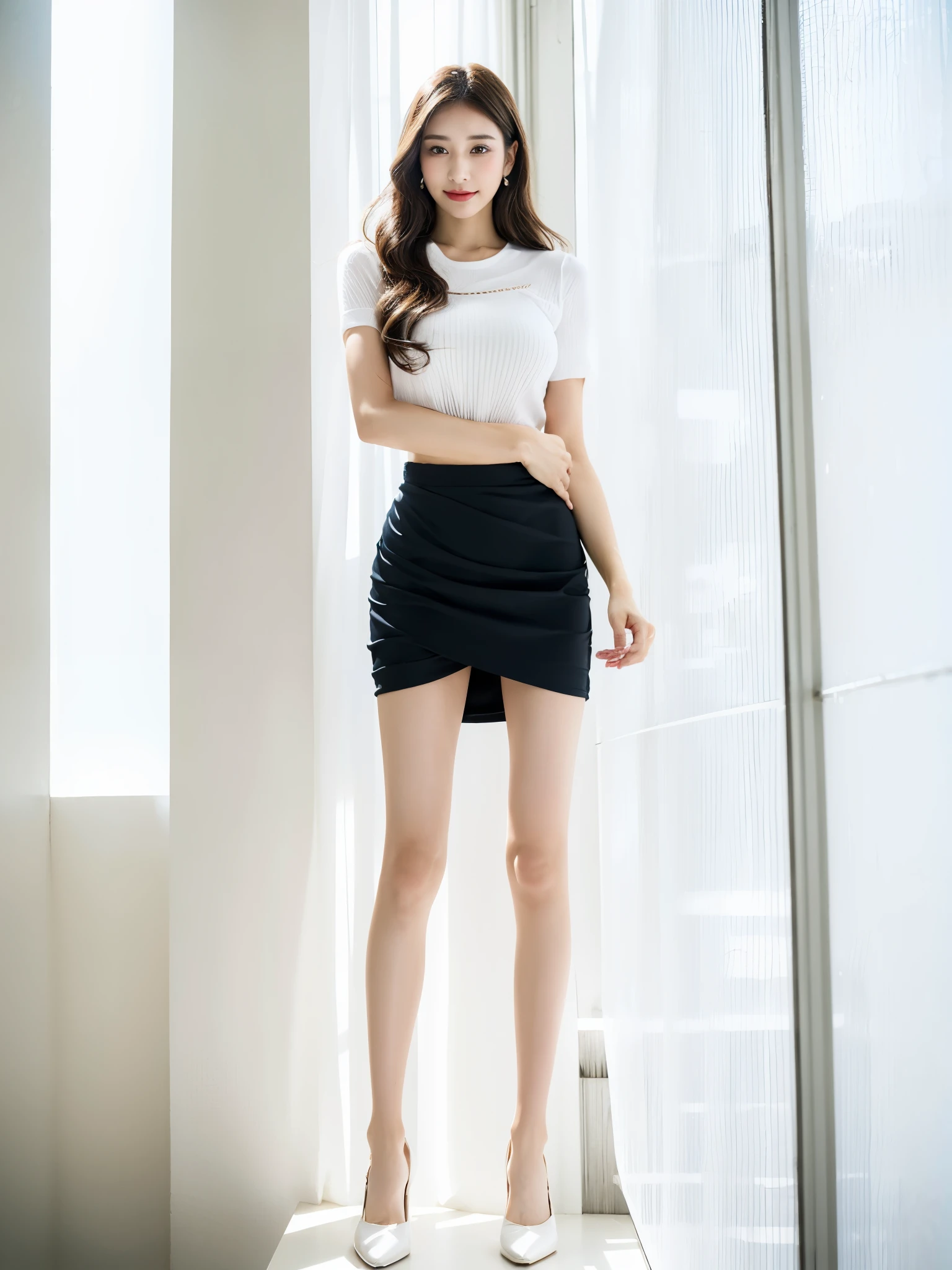Woman with saggy buttocks 1, Pullover that fits tightly to the skin, A tight miniskirt that reveals thin, soft, voluptuous buttocks.., perfect diaphragm, Icy eye shadow, pale skin, juicy lips, long eyelashes, hourglass body, thin waist, nice butt shape,