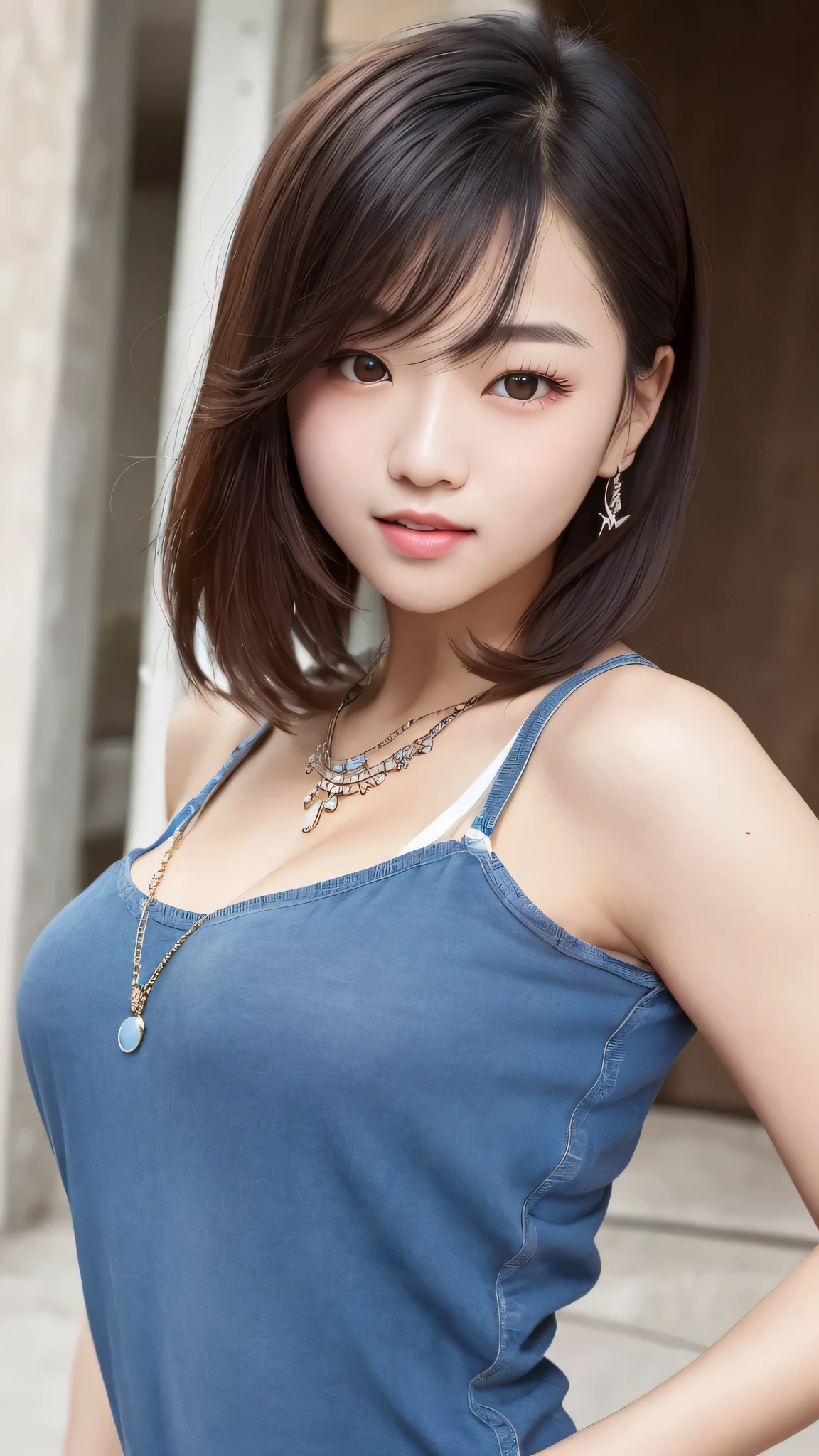 realistic,Super adopted,ung beautiful korean girl, Distant gaze, ah,Hip-hop style clothing,Round young face,full accesories,necklace,big, clear and gentle eyes,long eyelashes,slim waist,light macup,neat teeth, Slightly Smiled. colored hair, Upper body, (Low - Angle)