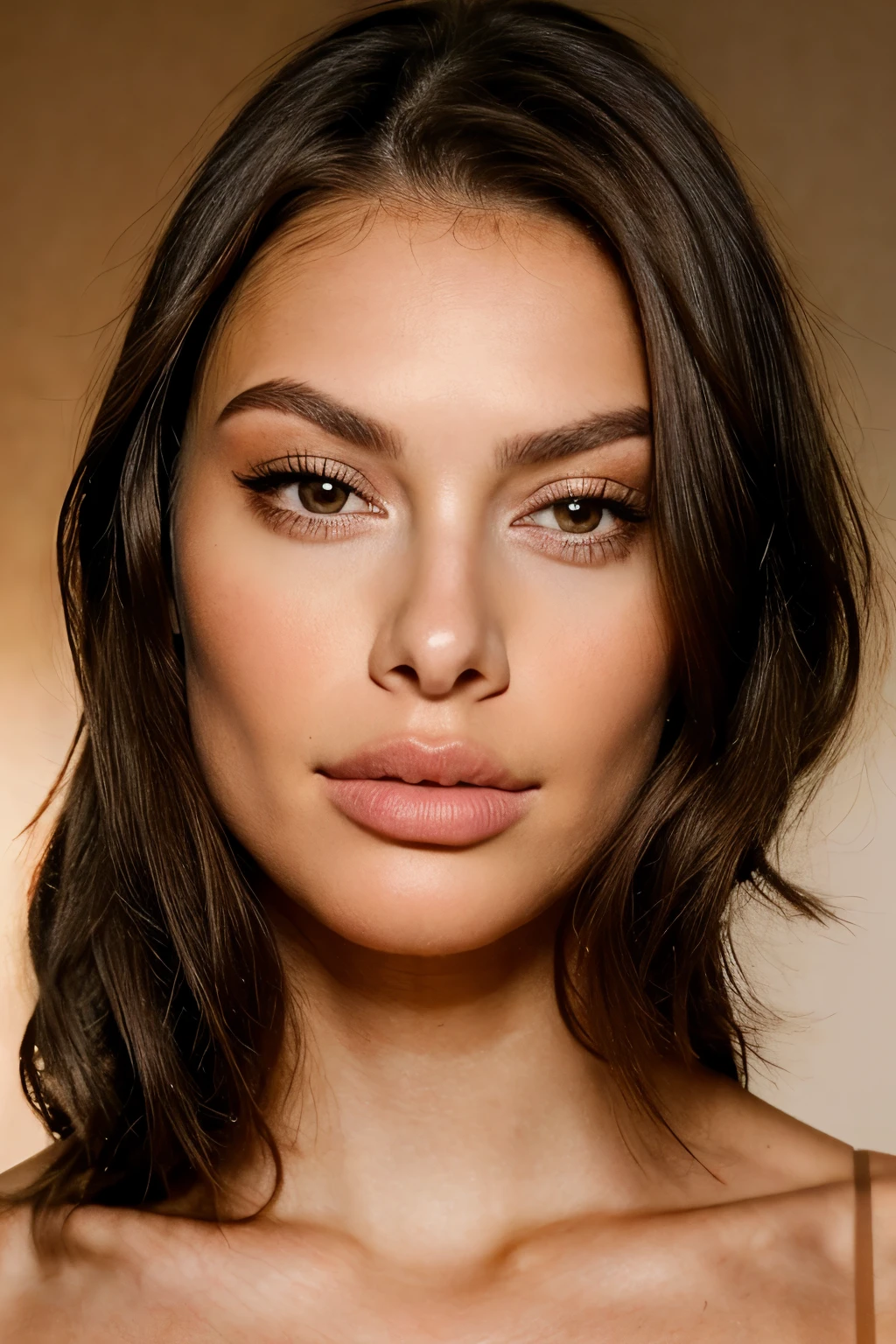 beautiful brunette woman, (26 years old, sedutive look), (full body), she has big pouty lips with lip filler, long brown hair, defined cheekbones and is wearing some blush. she has smouldering sexy eyes and is wearing eye makeup. Her nose is thin and small. She has a toned physique and has breast implants d size.she is 5'2 tall. closed mouth with pouty lips, masterpiece, beste-Qualit, Ultra-detailed, (Look at the viewer: 1.2) (skin texture) (film grains: 1.3), (warm hue, warm tone: 1.2), cinematiclight, sidelighting, extra high resolution, nude
