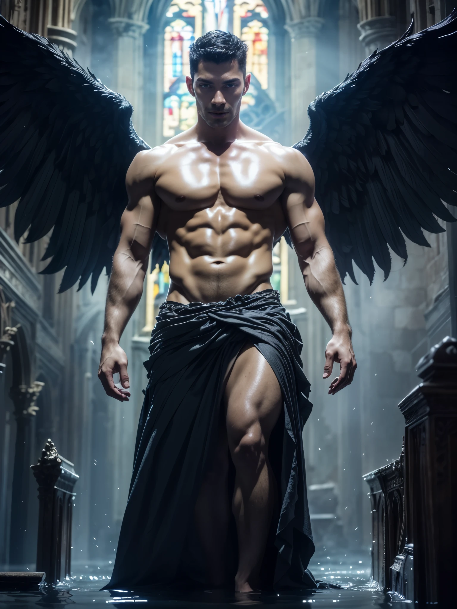 Photorealistic, ((best quality)), ((masterpiece)), (detailed), Lucifer, masculine portrait of Lucifer, personification of The Devil, (evil look:1.2), massive huge majestic black angel wings, 18-year-old male model, handsome, tall, cute looking, evil look, dark look powerful, young male model, handsome mythical creature, super strong, muscular, fit, massive muscles, six pack, clean shave, blue eyes. short wavy messy brown hair, short messy hair, messy wavy hair, shirtless, barechested, muscle, ripped, strong body, fit body, ancient linen Greek small skirt, (antique black linen raped cloth skirt:1.3) (Dark background:1.54) 8k, high detailed, ultra-detailed, Stylish Pose, real skin texture, dark cinematic lighting, (ruins gothic cathedral:1.4), ruins, fire, flooded